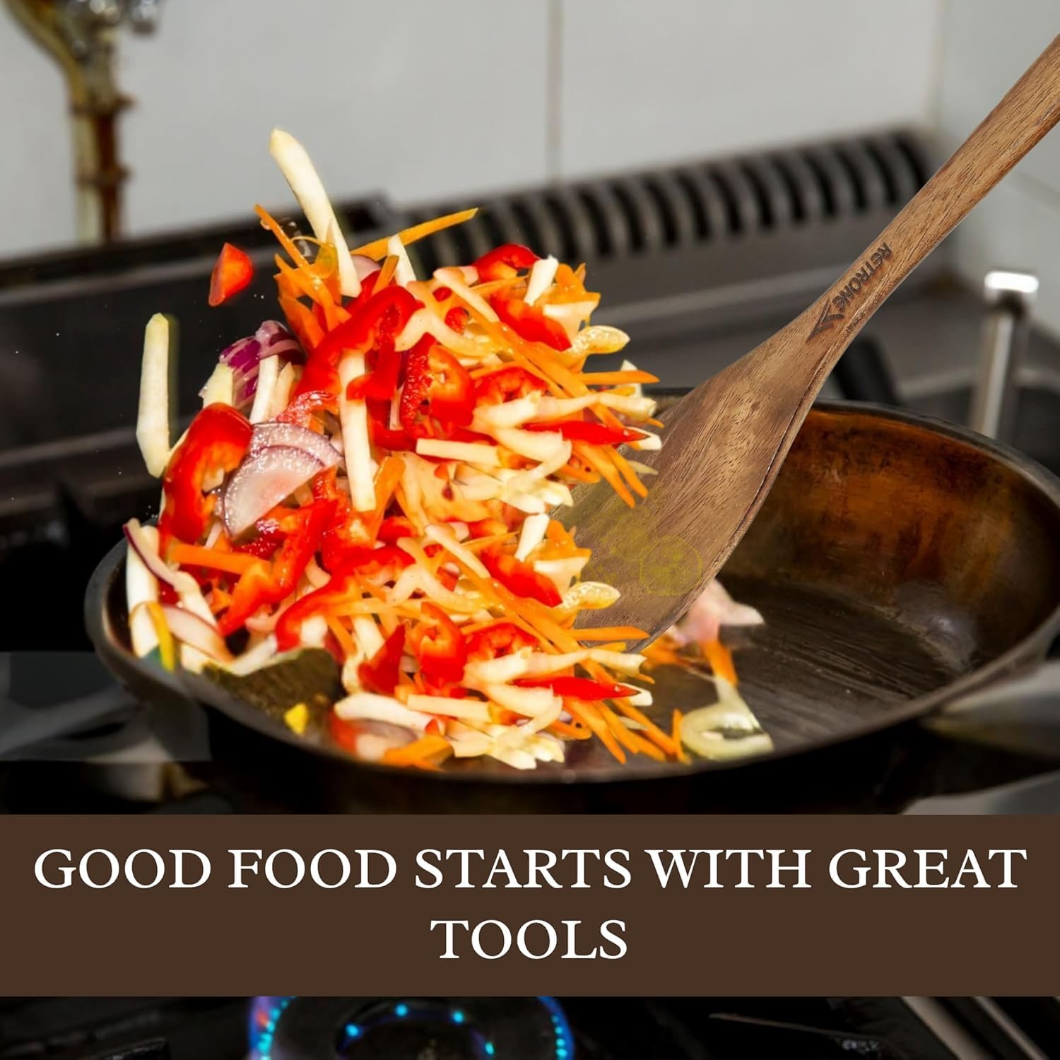 Wooden Cooking Spoon Set 3 Piece – Teak Wood Kitchen Tools with Serving Spoon, Turner, and Slotted Spatula – Non-Scratch, Heat Resistant Wooden Cooking Spoons