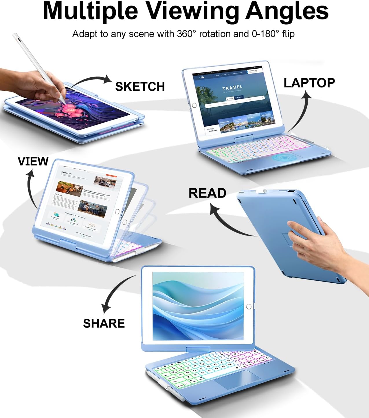 Baisla iPad 9th Generation Case with Keyboard 10.2" (2021), 360° Rotatable with Trackpad & Rainbow Backlit, iPad Keyboard case for 9th/8th/7th, iPad Air 3, iPad Pro 10.5 (Sky Blue) - Image 4