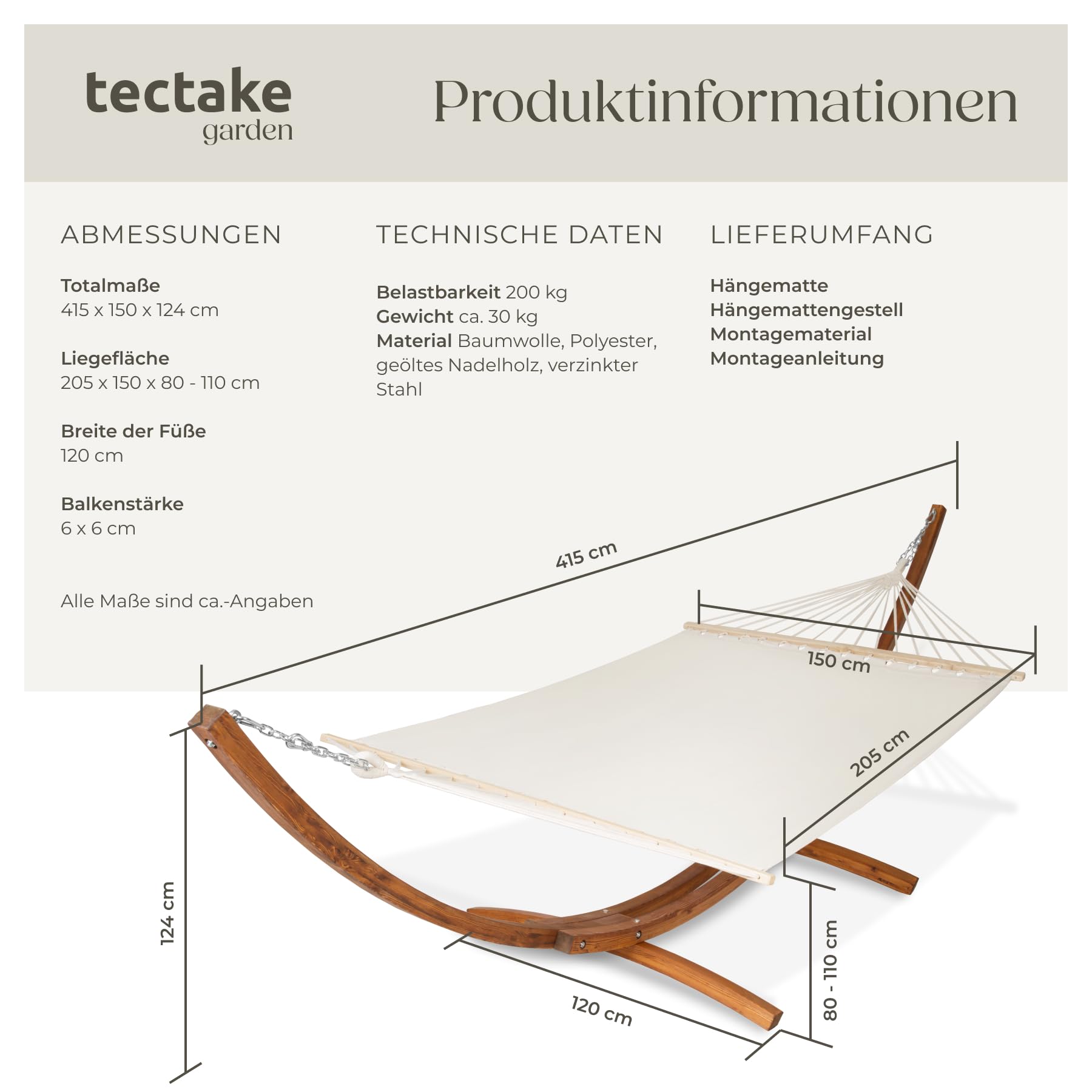 tectake® XXL Outdoor Hängematte für 2 Personen, Doppelliege mit Gestell, Liegefläche 205x150 cm, Belastbarkeit max. 200 kg, Gartenschaukel, Möbel für Balkon, Garten und Terrassen
