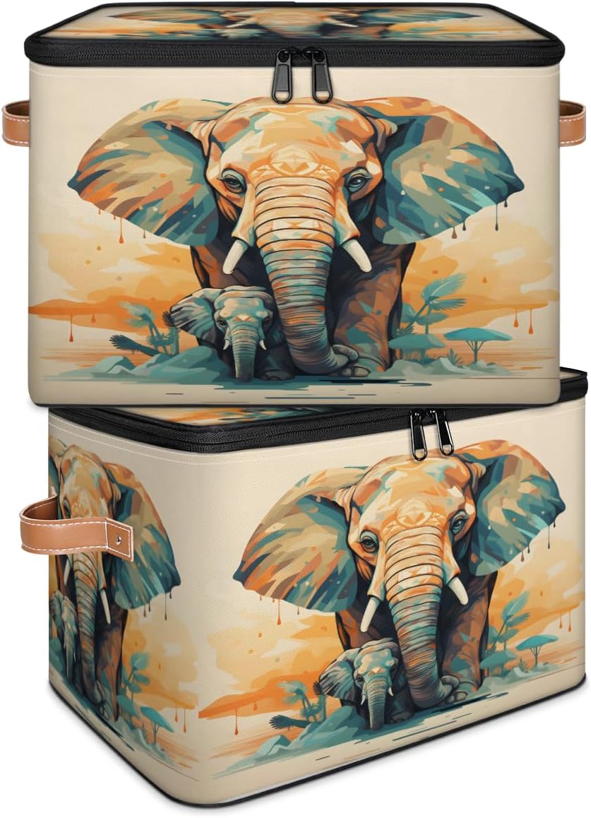 Storage Bin Set of 2 Wild Elephants Storage Basket with Zipper Lid & Handle Foldable Closet Shelf 2 Pack Cloth Organizer Basket Cube Bins Clothes Organizer for Bedroom, Nursery