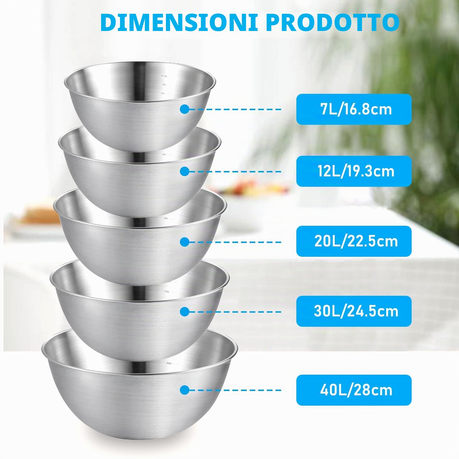 Nizirioo 5 ciotole in acciaio inox, per insalata, in acciaio inox, per la cucina, 1 l, 2 l, 2,5 l, 3,5 l, in acciaio inox, salvaspazio