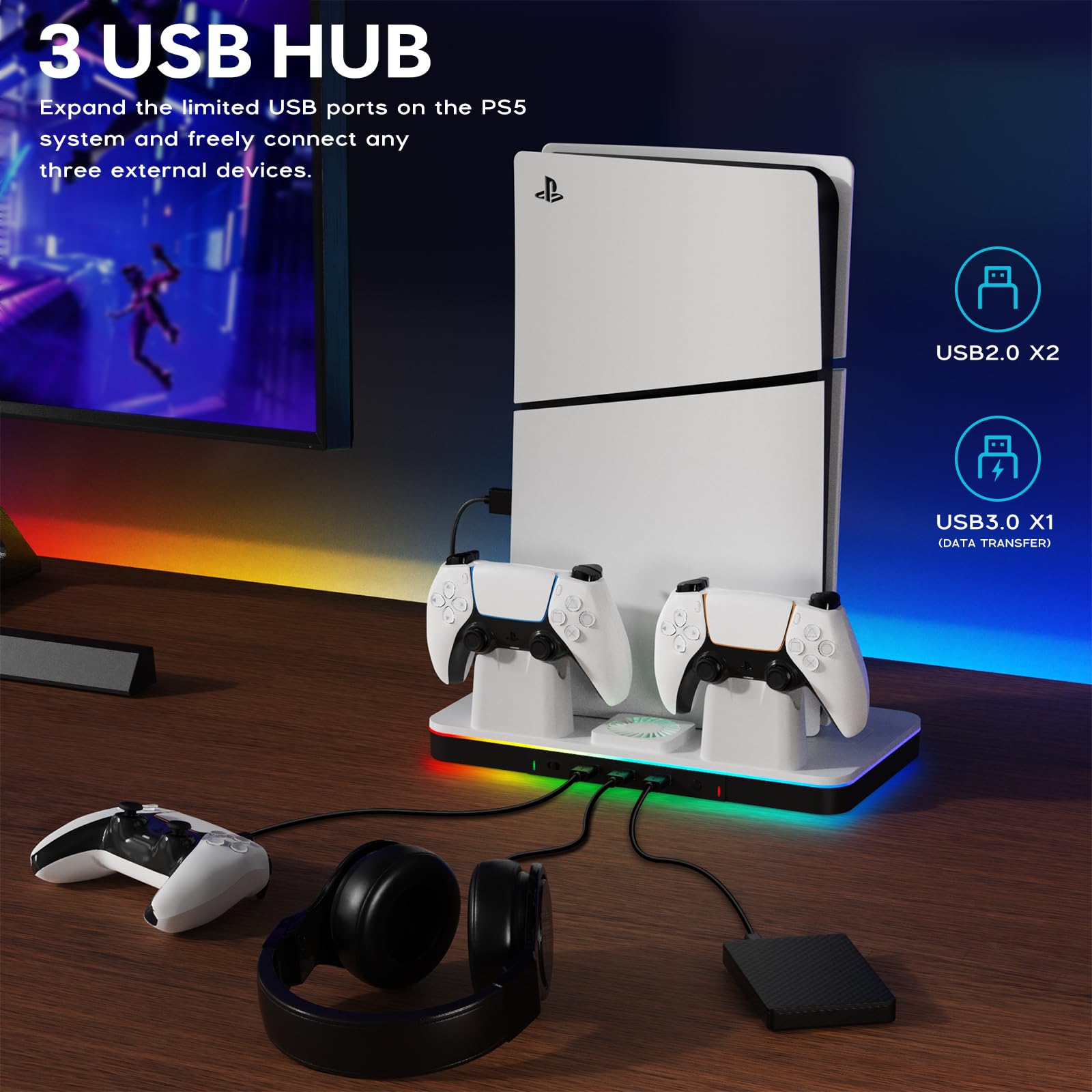 Supporto per PS5/Slim/Pro con Ventola di Raffreddamento, Ricarica Controller PS5, Base PS5 Supporto Verticale con Hub USB 3.0 per Playstation 5 Console Edizione Disco/Digital