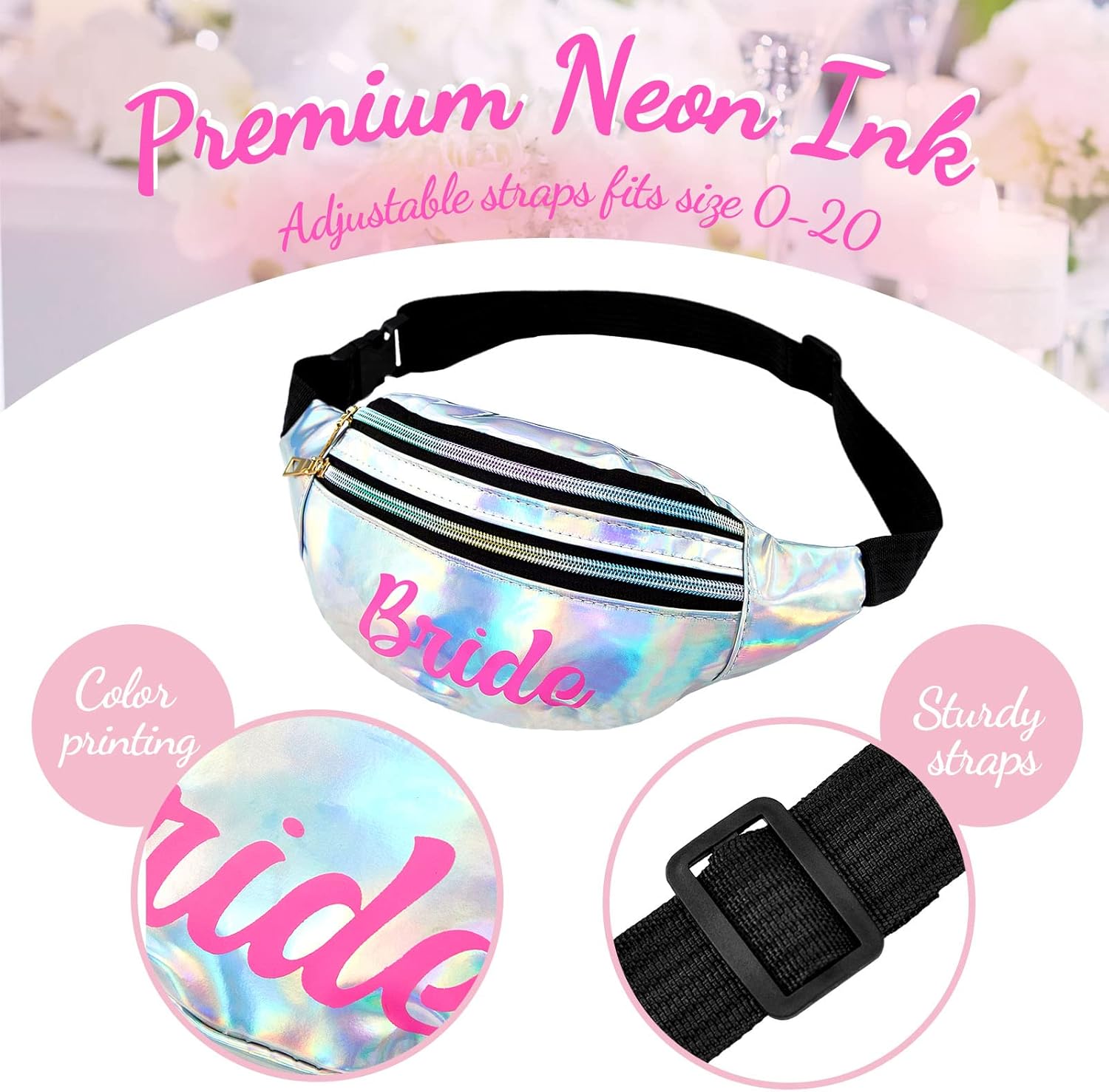 12 Pcs Bachelorette Fanny Packs Bachelorette Party Favors Holographic Shiny with Adjustable Belt for Women Wedding(White, Pink)