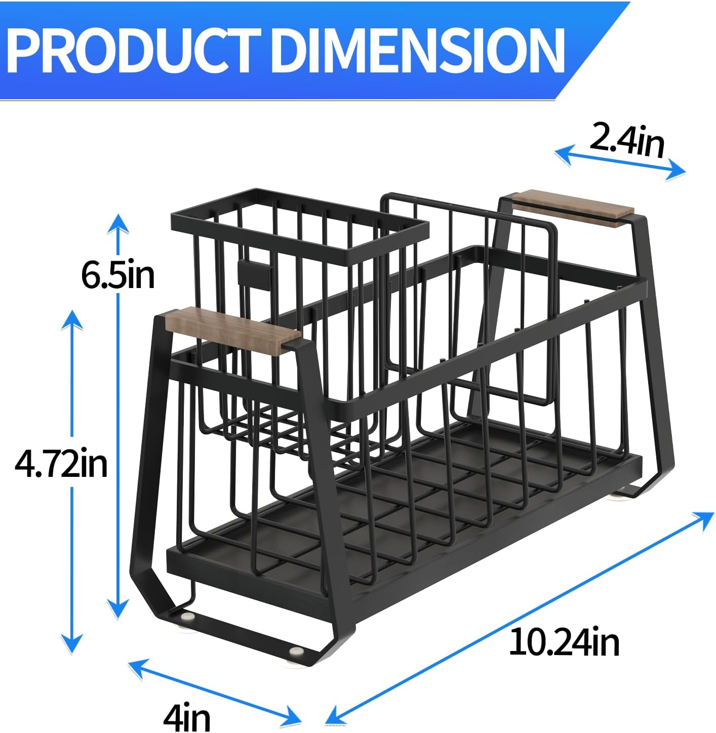 Black Sponge Holder with Wooden Handle & Self-Draining Tray, Kitchen Sponge Holder, Kitchen Sink Caddy Organizer, Kitchen Sink Sponge Rack, Sink Countertop Organizer for Sponge, Soap Dispenser Storage - Image 5