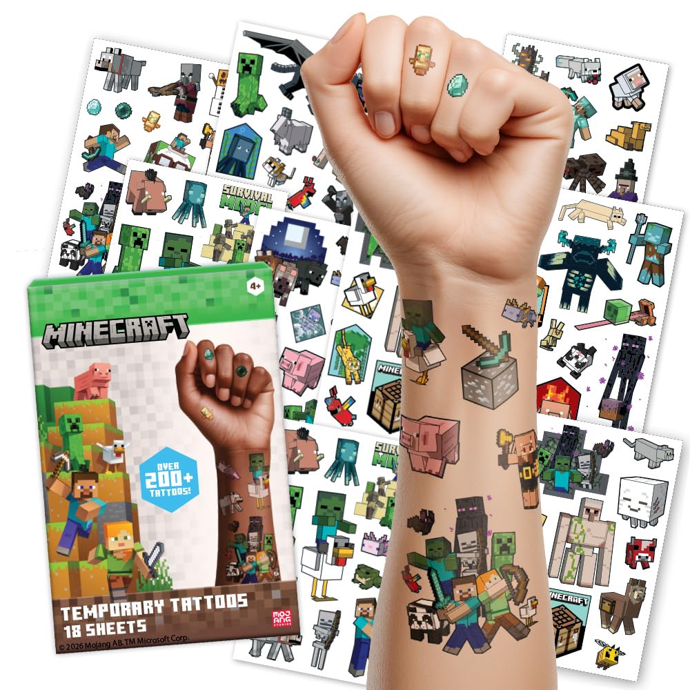 Minecraft Temporary Tattoos for Kids (200 pack). Made in the USA w Certified Safe Ink. Birthday Party Supplies and Party Favors Kit. Bulk Temporary Tattoos Stickers Set for Girls and Boys.