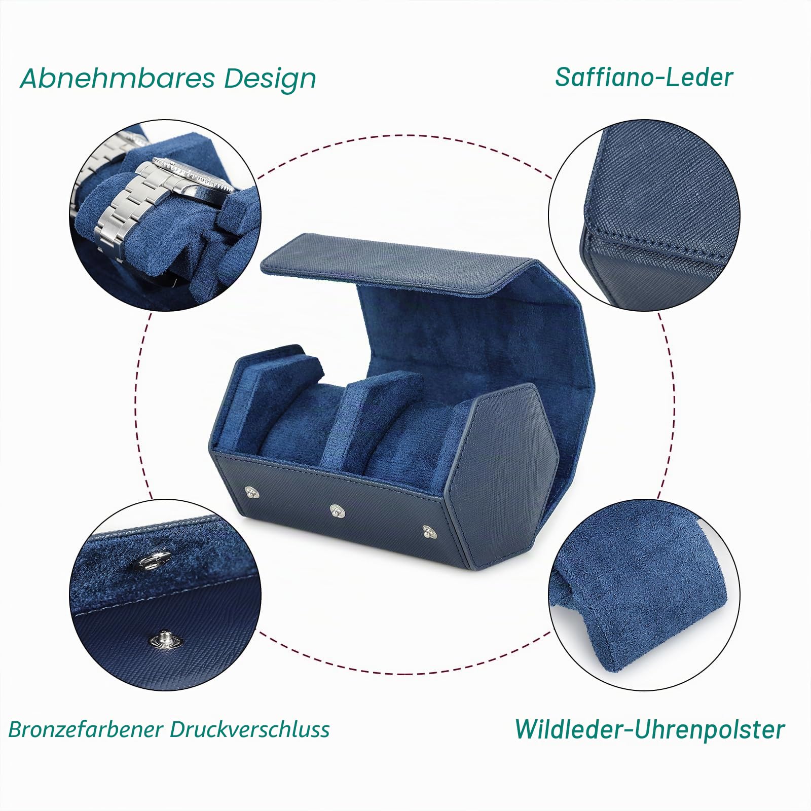 Hiram Hexagon Uhren-Reiseetui aus echtem Leder 2 Uhrenrollen-Etui Uhren Aufbewahrungsbox Schutz-Organizer für Armbanduhren (Blau)