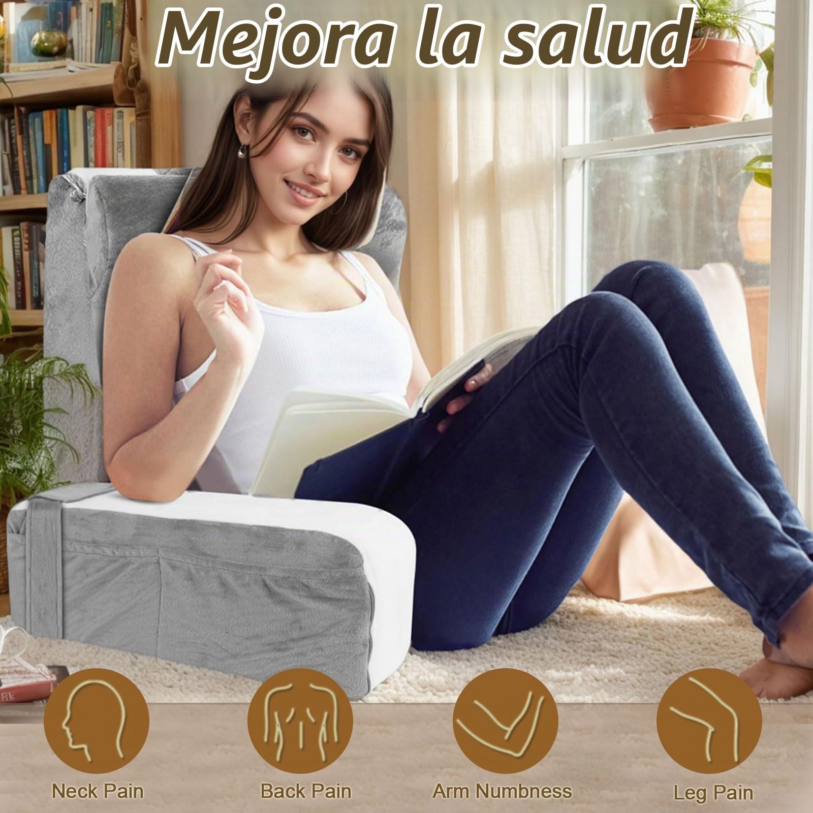 Almohada de Lectura para Cama y sofá, Almohadas de Espalda con Rollo de Cuello extraíble y reposabrazos, Adulto Cojin de Lectura, Cojín Lectura Cama ergonómica para Leer,Sentarse y acostarse