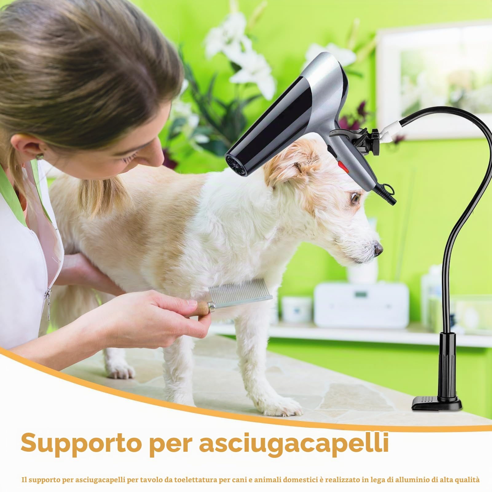 Agatige Porta Asciugacapelli Girevole Regolabile, Staffa per Asciugacapelli Clip Morsetto per Animali Domestici Mani Porta Supporto con Morsetto per Cani e Gatti