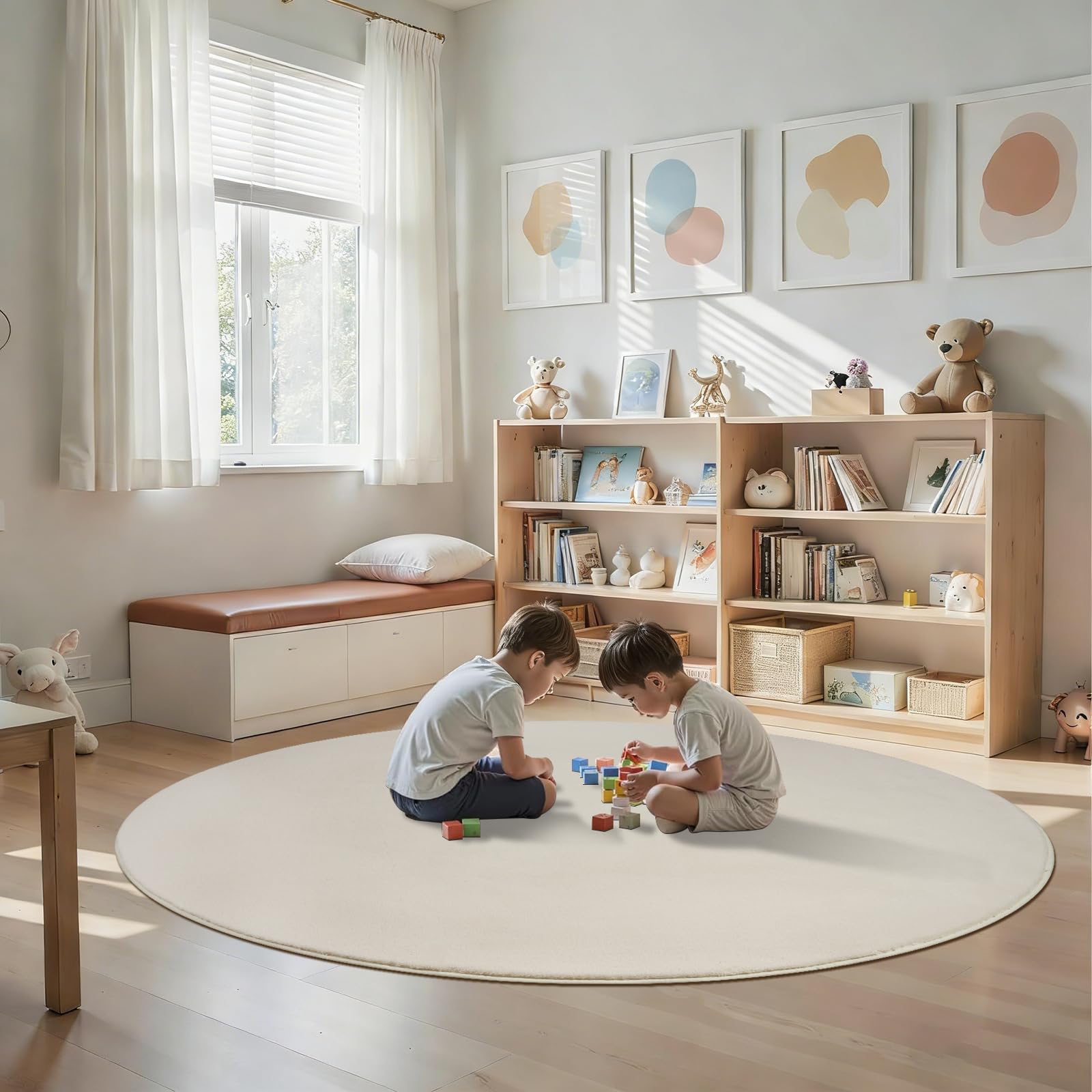 Homcomodar Runder Teppich Wohnzimmer 160cm Beige Teppich Schlafzimmer Kurzflor Anti-Rutsch Wohnzimmerteppich Flauschiger Teppiche für Schlafzimmer,Wohnzimmer,Esszimmer,Küchenteppich,Kinderzimmer