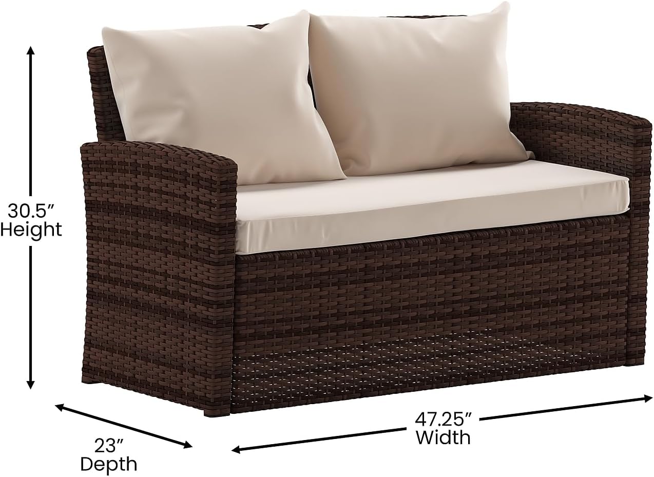Flash Furniture Aransas Series 4 Piece Brown Patio Set with Beige Back Pillows and Seat Cushions