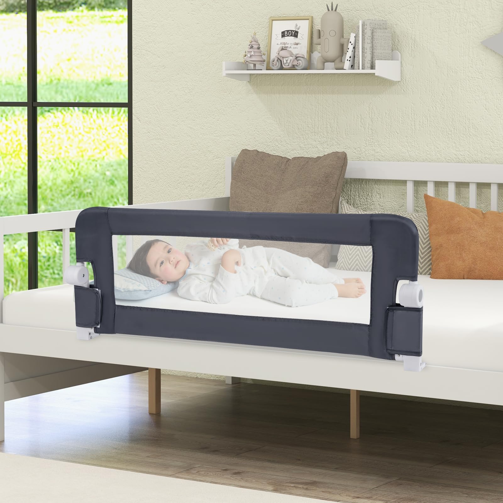 COSTWAY Riel de Cama Plegable Barandilla para la Cama Protección para Bebé Barrera de Cama para Cama Individual/Cama Matrimonial (120x42cm, Gris)