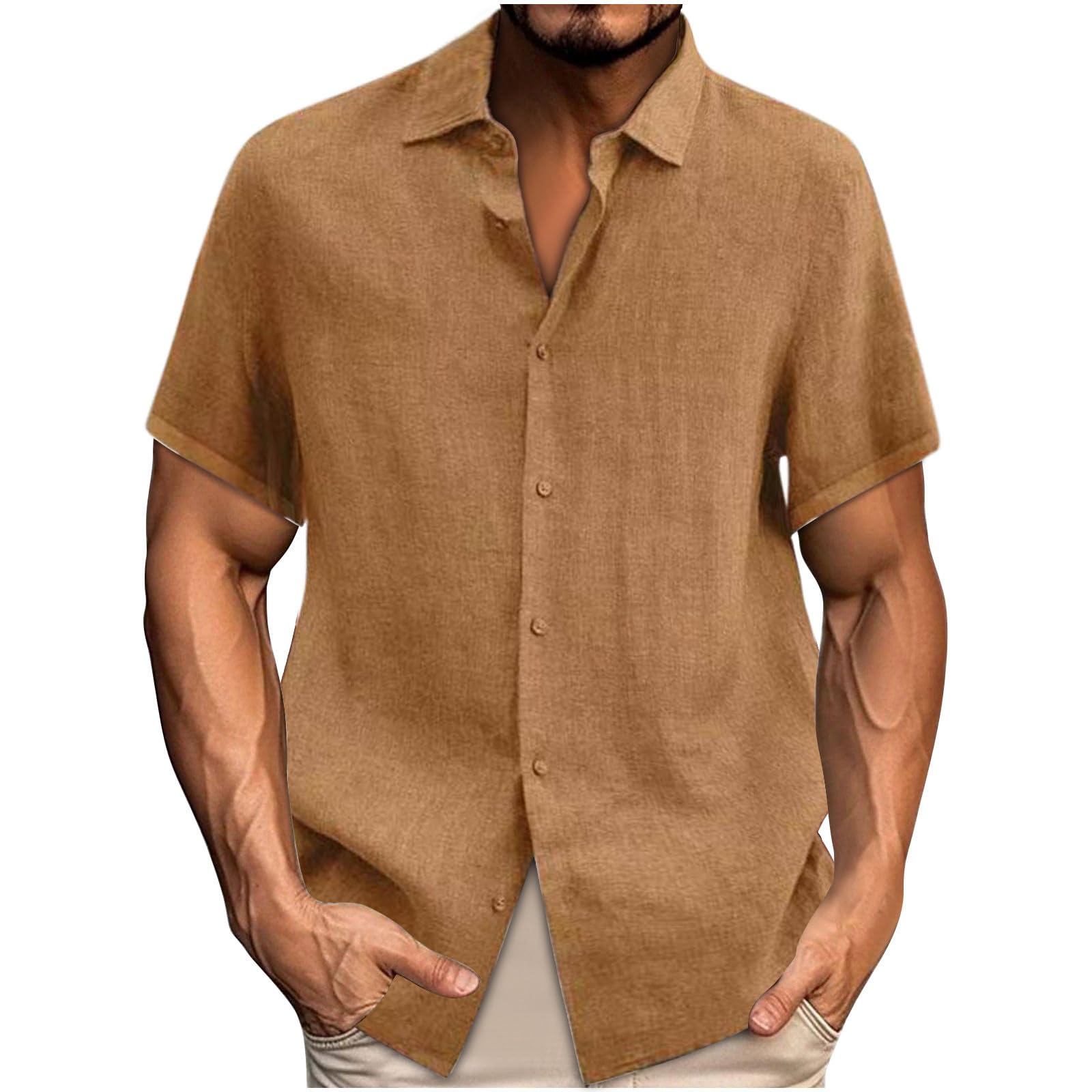 Mens Cotton Linen Tshirt Shirts Summer Tie-Collar Button Down Tee Tops Casual Business Work Dress Short Sleeve Blouse