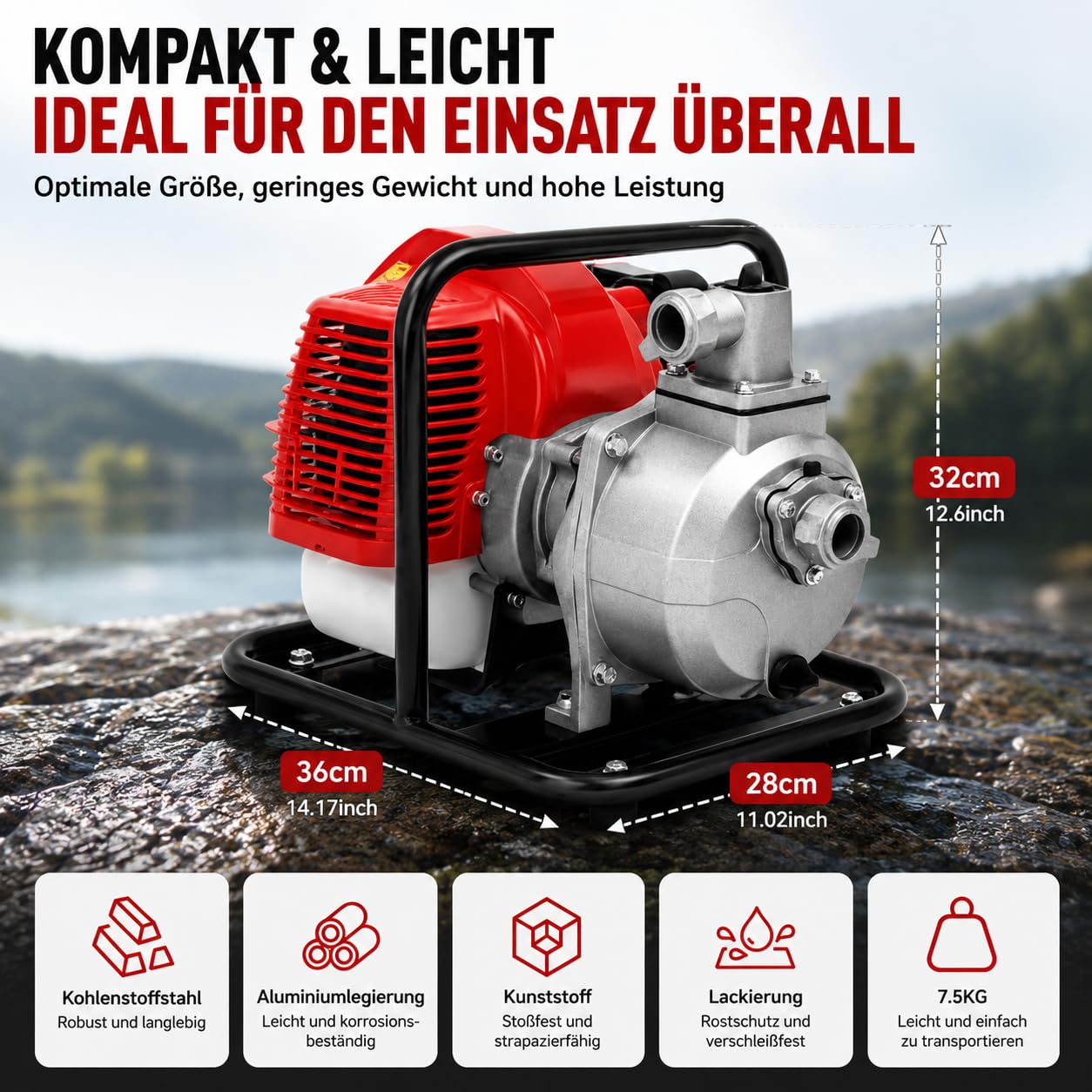 Bomba de agua de gasolina de 2 tiempos 43CC con 135 L/min (plata, rojo, negro) | Caudal y altura de extracción de 30 m, portátil para riego de jardín, piscina, estanque y agricultura