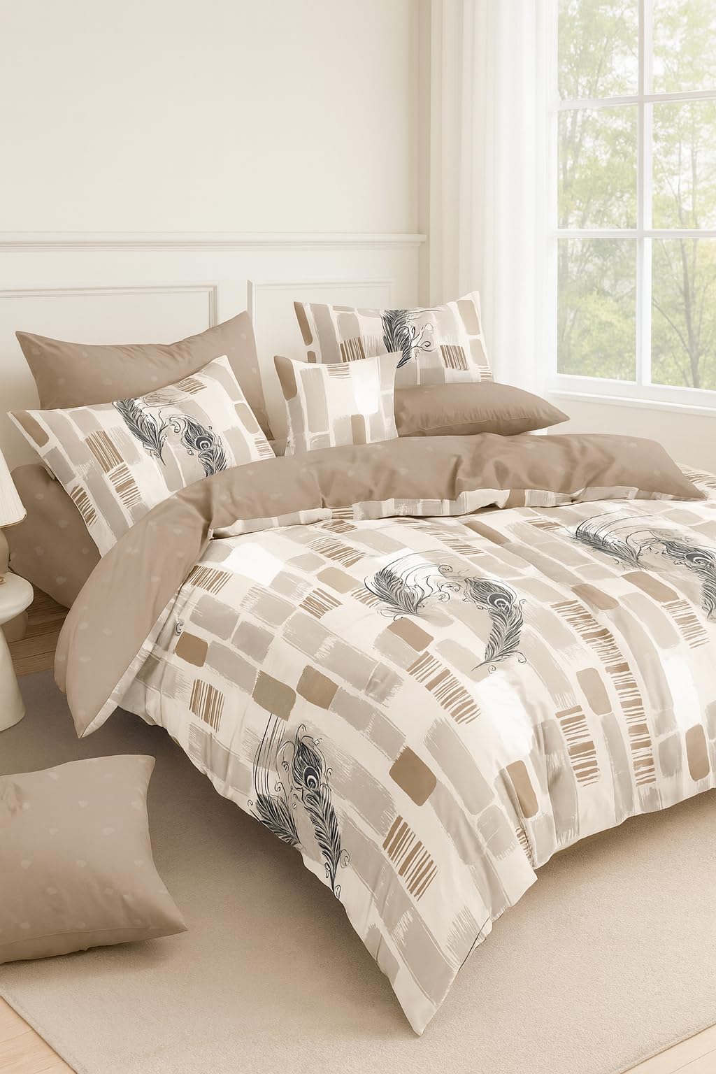 Elegancki Komplet Pościeli, 100% Bawełna, Beżowo-Biały z Motywem Piór, 160x200cm Kołdra i 2 Poszewki na Poduszki, 3 Elementy
