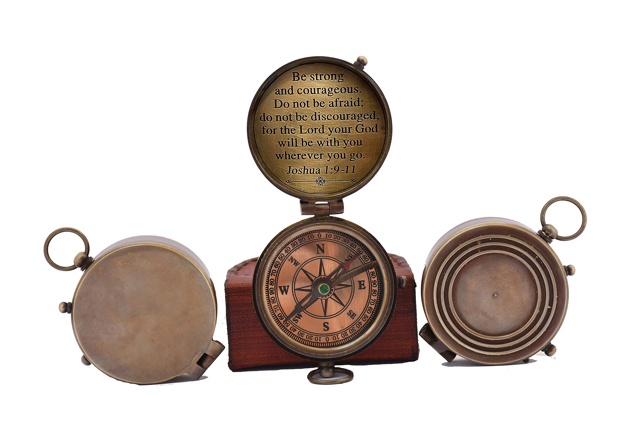 Brújula magnética direccional vintage náutica antigua con cita famosa de las Escrituras grabadas, regalos de bautismo con funda de cuero para seres queridos, hijo, padre, prometido. (Be Strong and