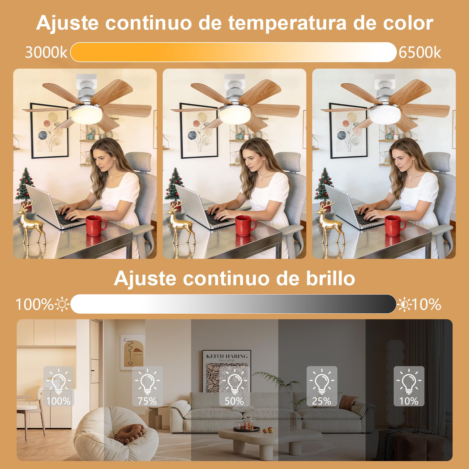 Ventilador de Techo con Luz y Mando a Distancia,51CM,Vetas de Madera,Regulación Continua de Luz, 3 Velocidades, Temperatura de Color Regulable Continua,Para Dormitorio, Balcón, Pasillo y Salón