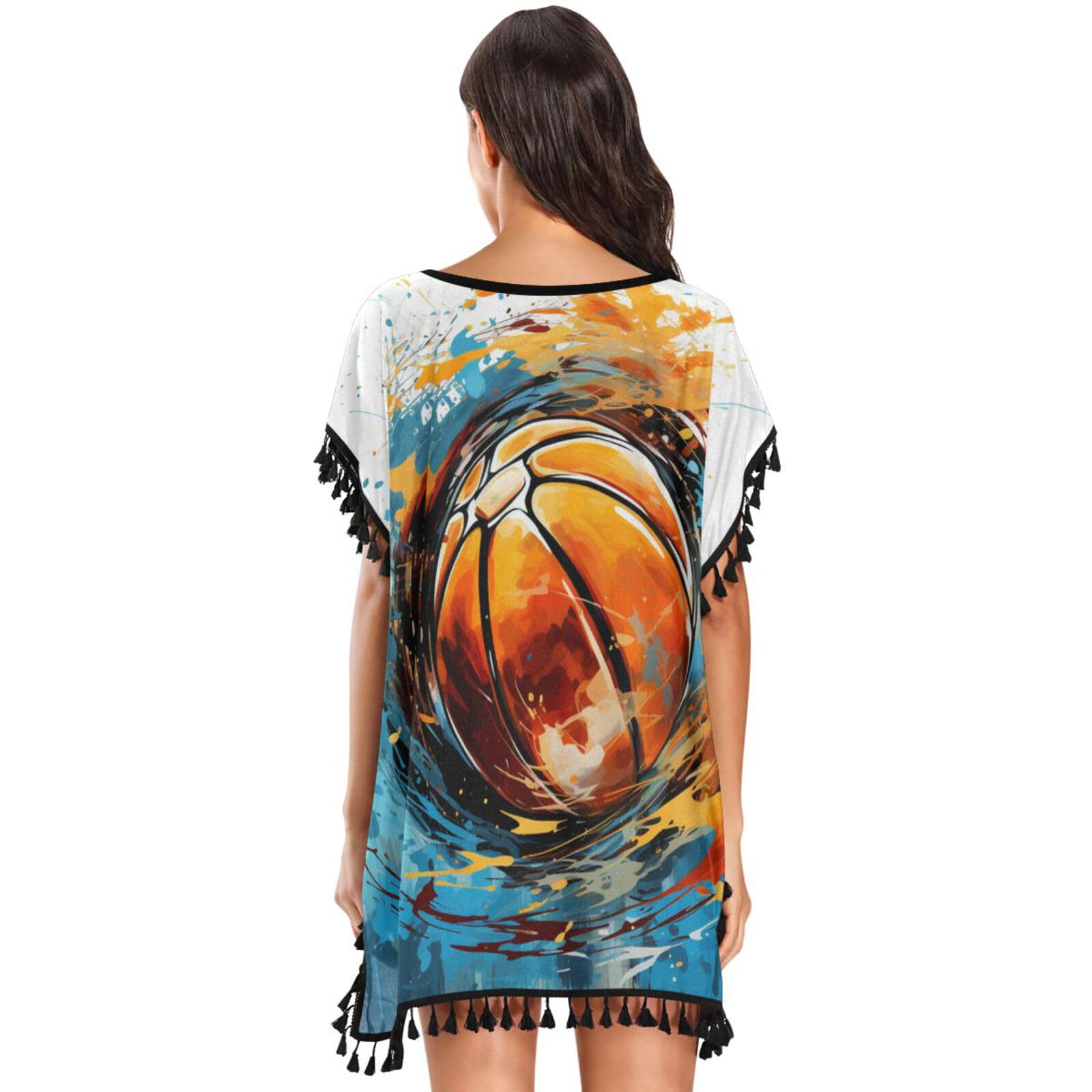 Blue Hand Drawing Basketball Women's Beach Cover Up Chiffon Tassel Swimwear Swimsuit Coverups for Girl