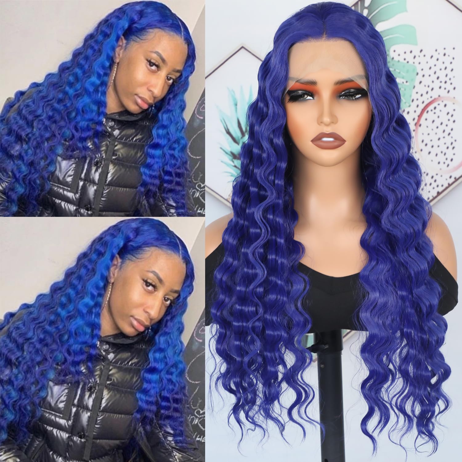 Blue Loose Curly Wave Lace Front Wigs, 28 inch, 180% Density, Heat Resistant Synthetic, Navy Blue, 22 inches, Wig