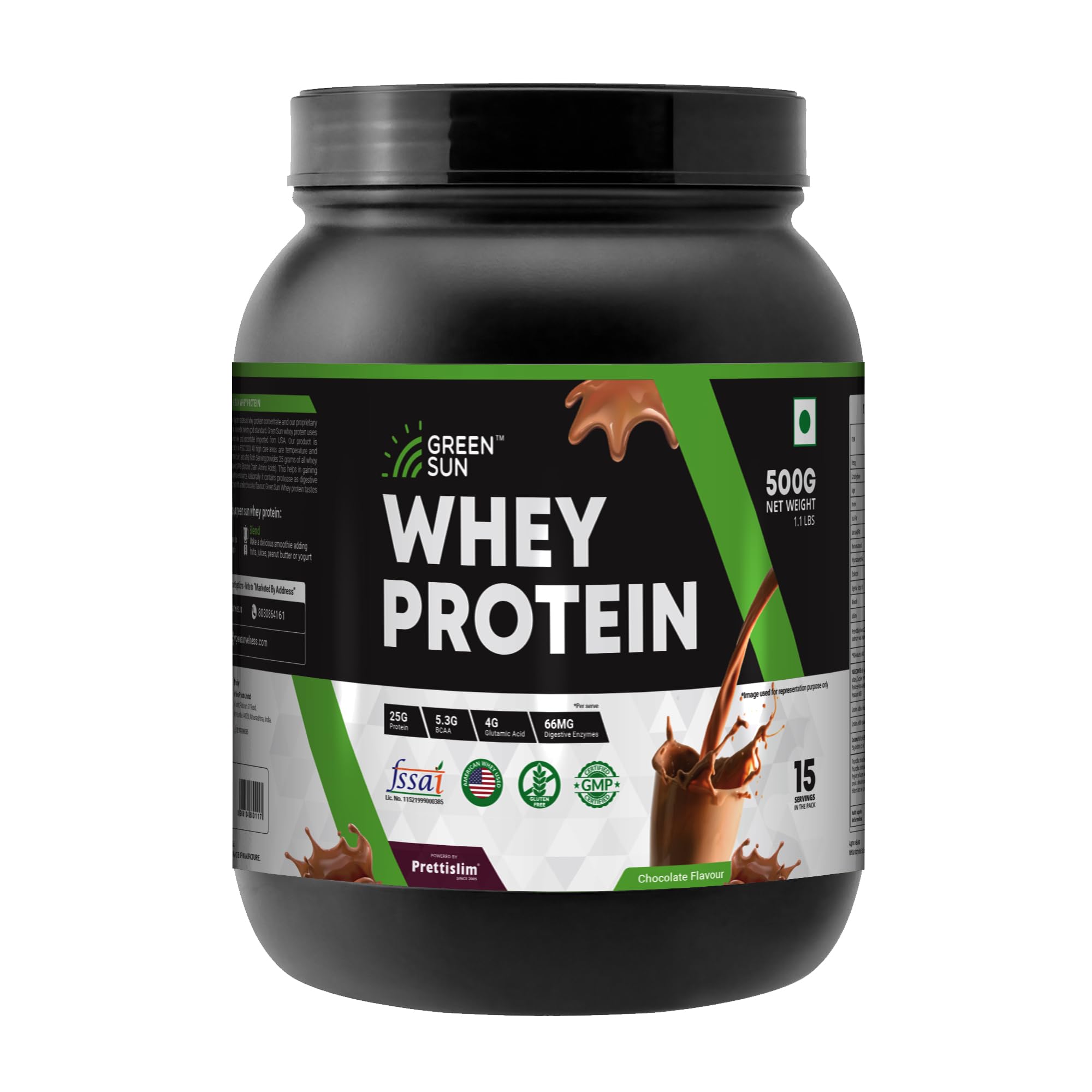 Green Sun 100% Whey Protein Powder 500g (Chocolate Flavor) | Imported Whey | Gold Standard | Added Digestive Enzymes | Enriched with BCAA | Healthy | Diet Friendly | Pack of 1