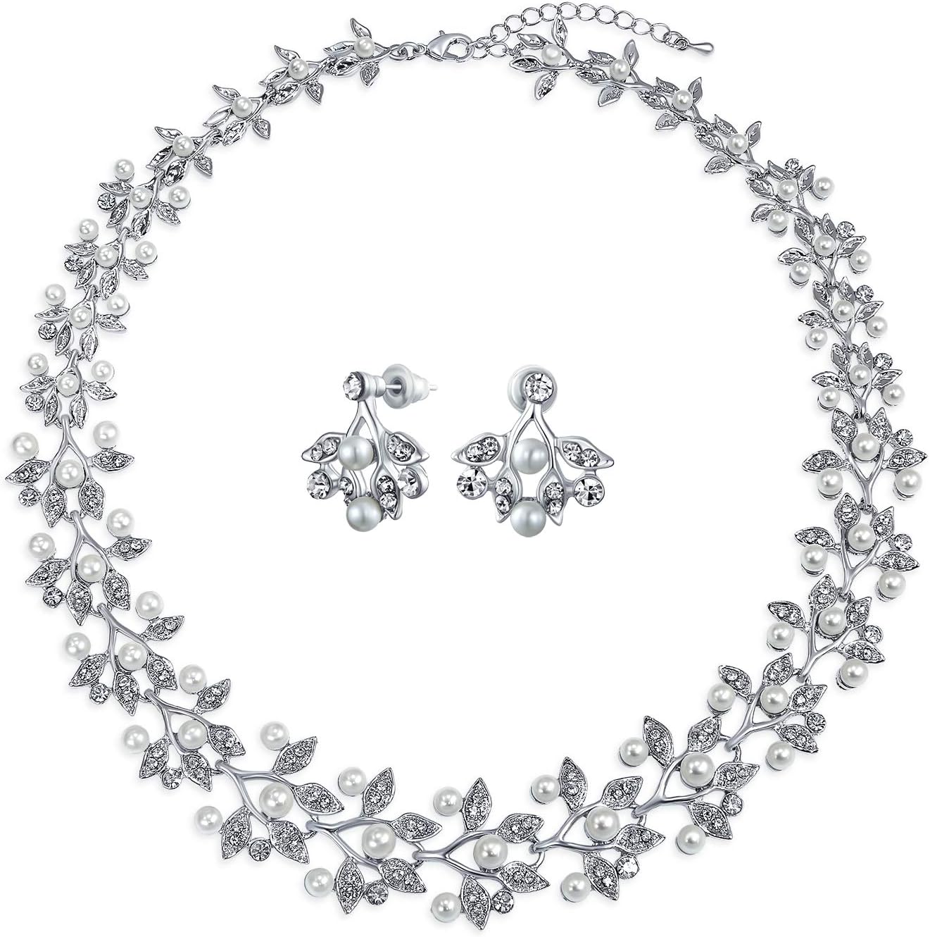 Bridal Large Fashion Vintage Style Leaves Leaf Motif Simulated White Pearl Cubic Zirconia Pave CZ Leaf Bib Statement Necklace Jewelry Set For Women Weddings