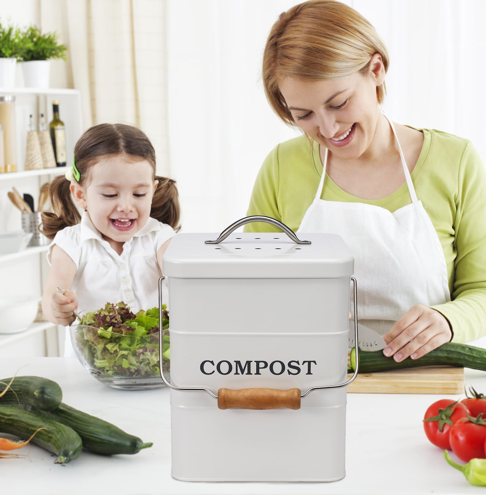 Biologische afvalemmer keuken compostemmer zwart 4L geurdicht met actieve koolfilter (extra filter, 6