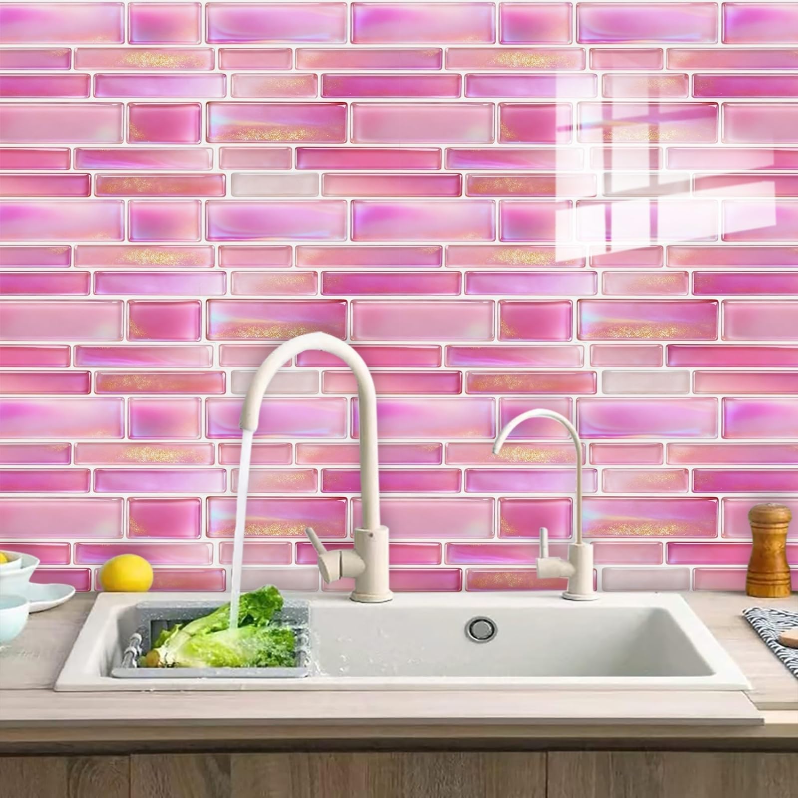 Stick on Kitchen Tiles 12x24 cm Pink Gold Brick Peel and Wall Waterproof PVC for Fireplace Surround Furniture Decoration Tile Stickers Backsplash 20 Pcs