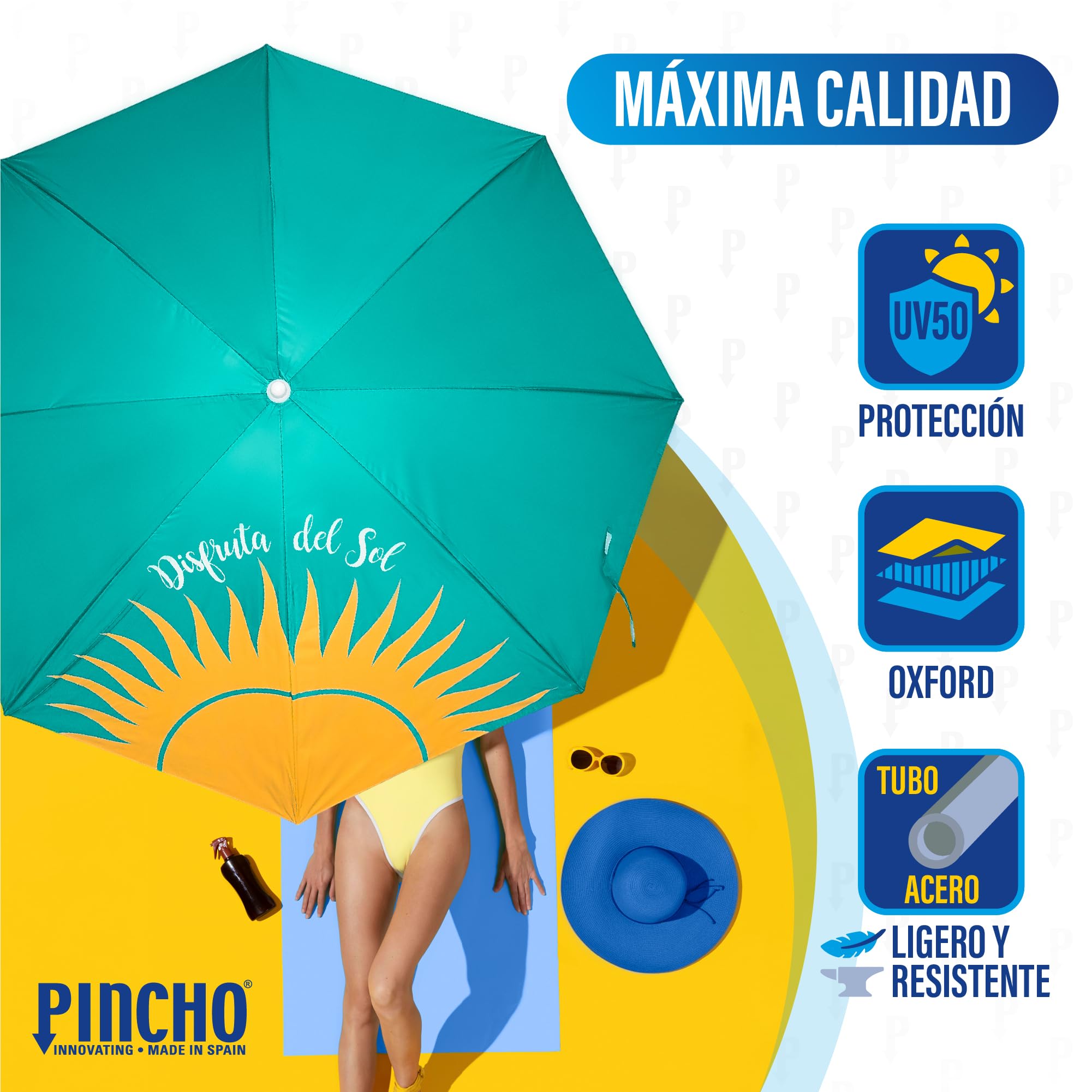 Pincho Parasol de plage en acier avec revêtement antirouille, 180 cm de diamètre. 8 baleines en acier. Facteur de protection solaire UPF 50+, Sol