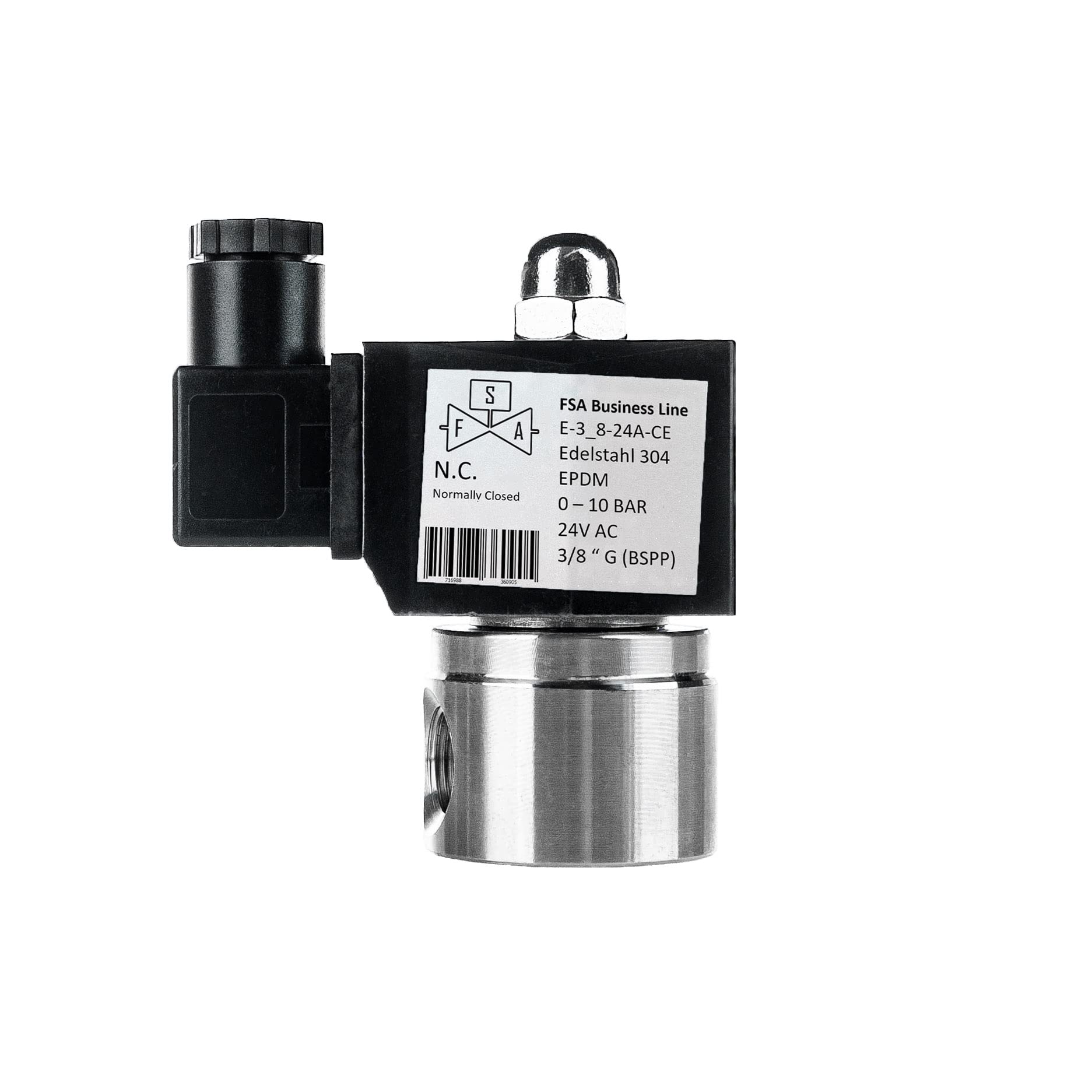 FSA Elettrovalvola in Acciaio Inox 304 3/8" 24V AC 0-10 bar EPDM normalmente chiusa