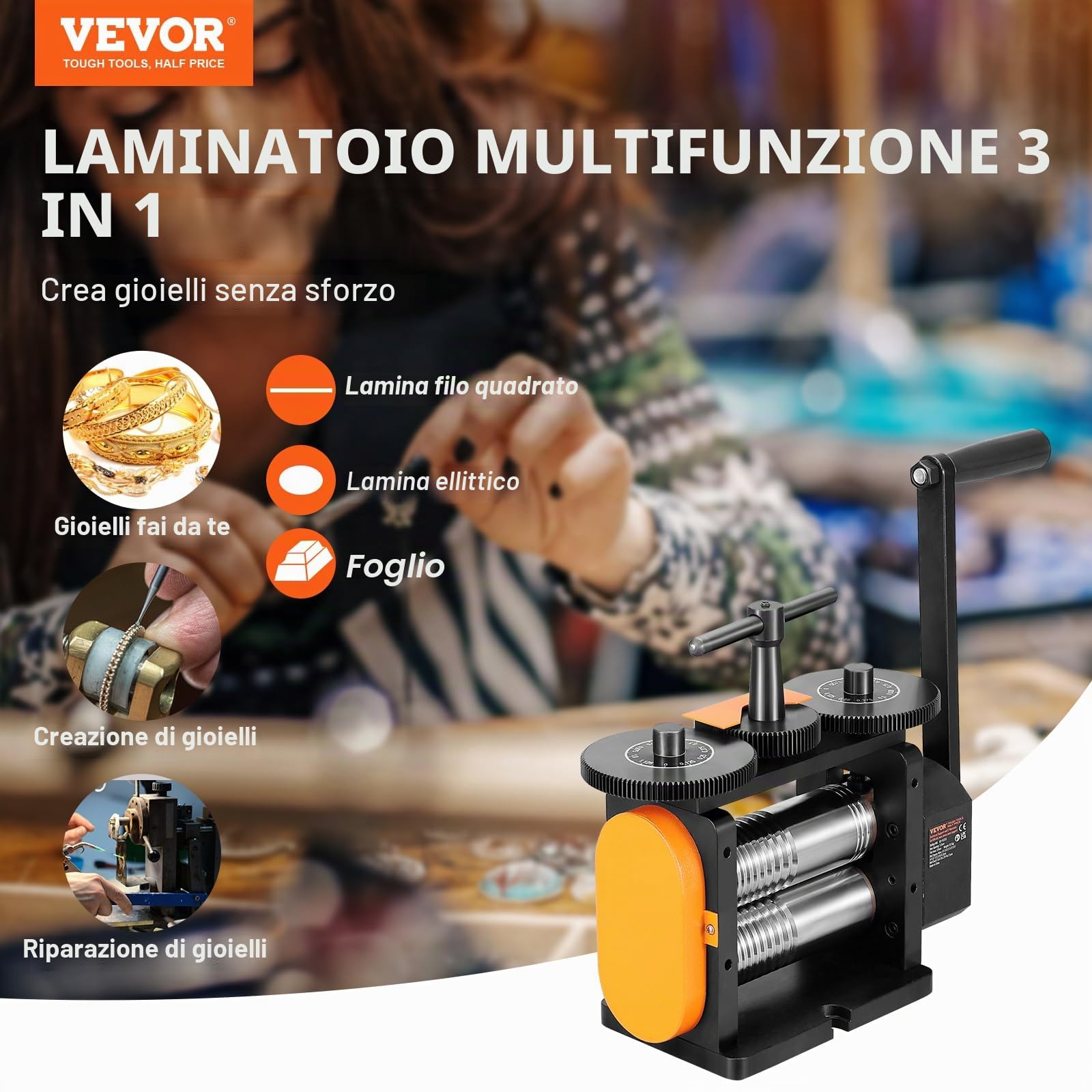 VEVOR Laminatoio per Gioielliere Larghezza 57mm, Laminatoio per Gioielli Spessore 0-5,5mm Rapporto di Trasmissione Regolabile 1:2 per la Lavorazione di Gioielli Lamiera Oro Argento Anello Bracciale