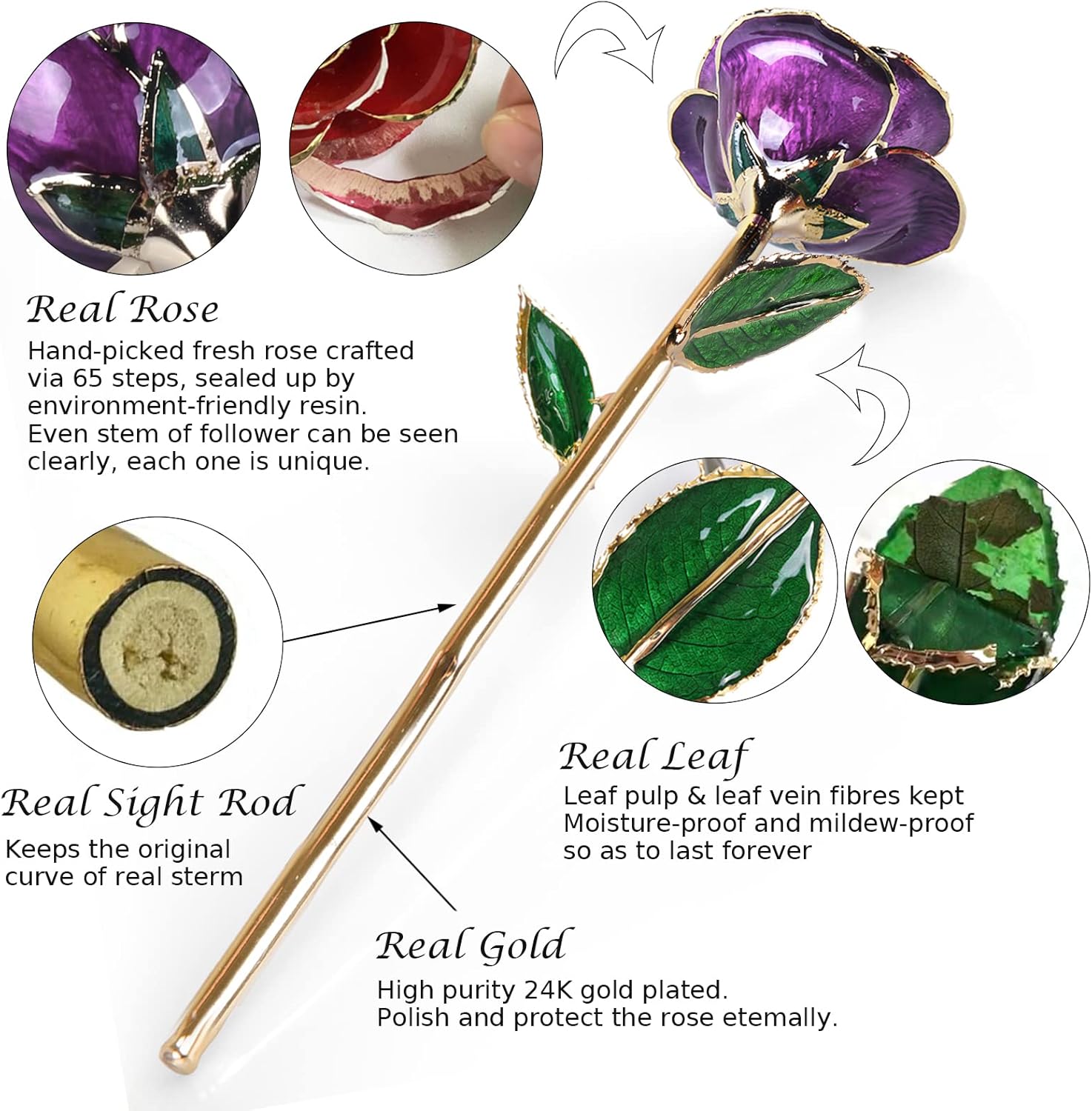 Sinvitron Gold Dipped Infinity Rose Forever Flower Decor, Resin Preserved Real Rose Birthday Gift for Women, Anniversary Present for Mom (Purple) - Image 2