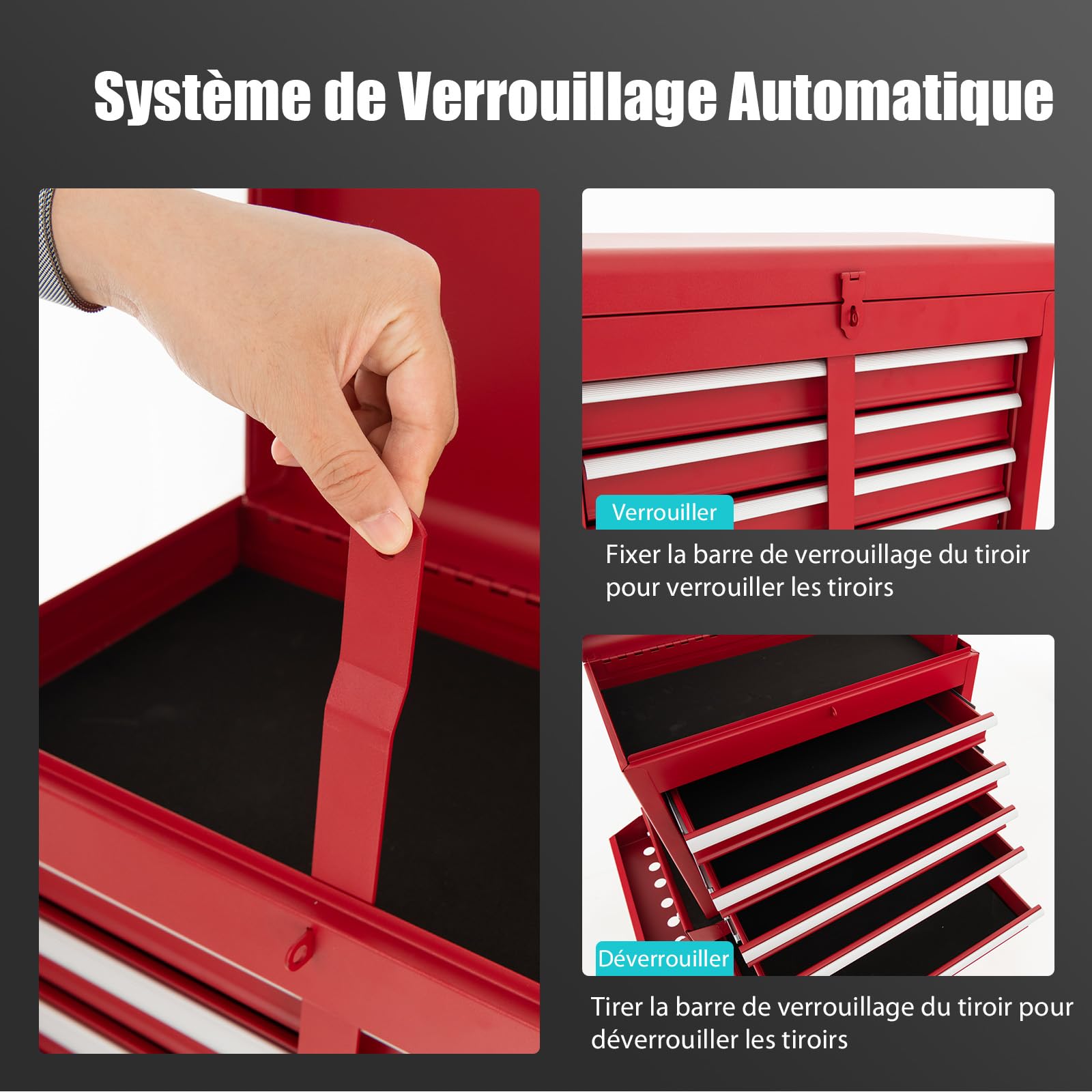 GOPLUS Servante d’Atelier avec Coffre Amovible, 28 x 59 x 102CM, Caisse à Outils Roulant avec 5 Tiroir Verrouillable & Armoire à Étagère Réglable, Poignée Latérale, pour Garage, Atelier(Rouge)