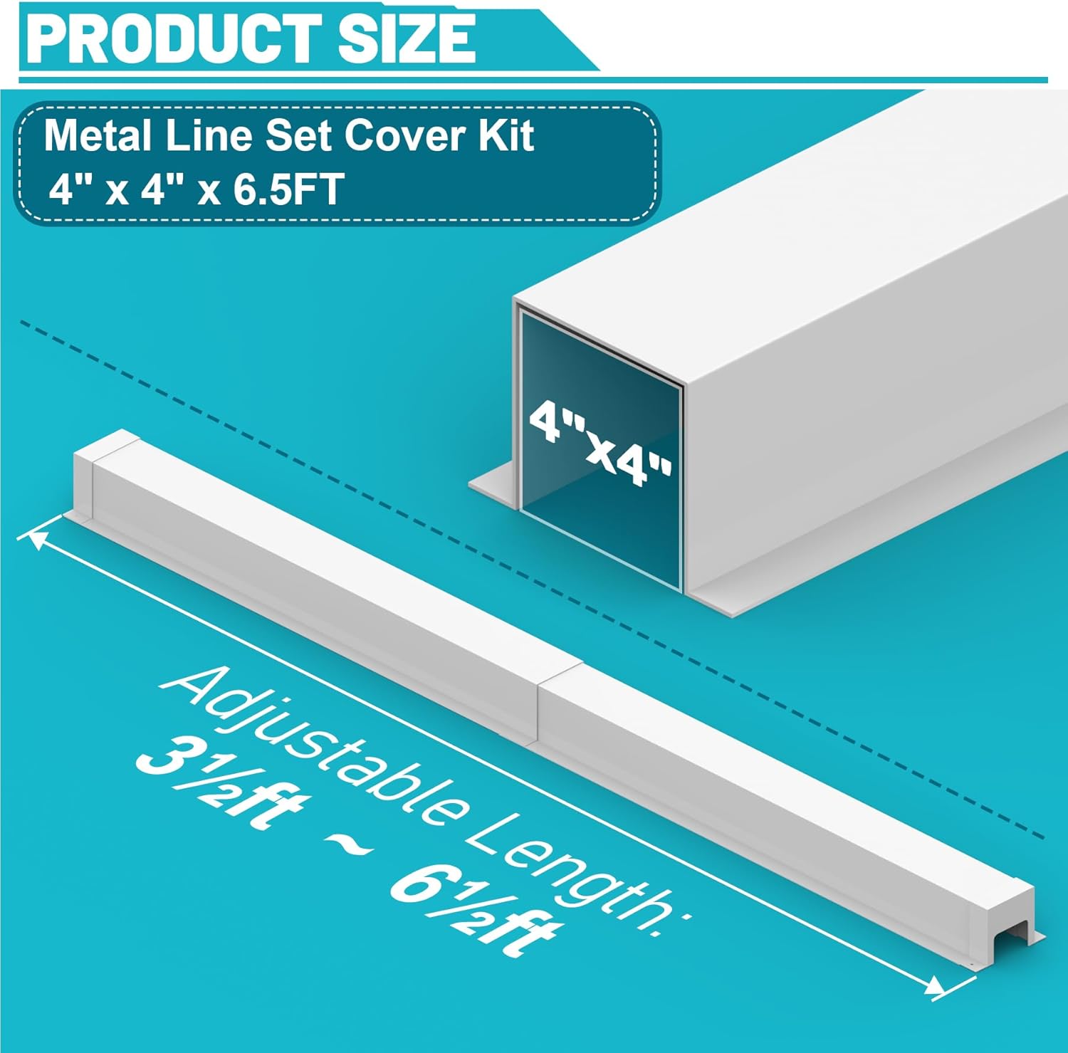 Metal Line Set Cover Kit, AC Line Kit with End Cap, 4" W x 4" D x 6.5FT, Heavy Duty HVAC Lines Cover Set for Mini Split & Central Air Conditioner & Heat Pump, White, 2 PCS