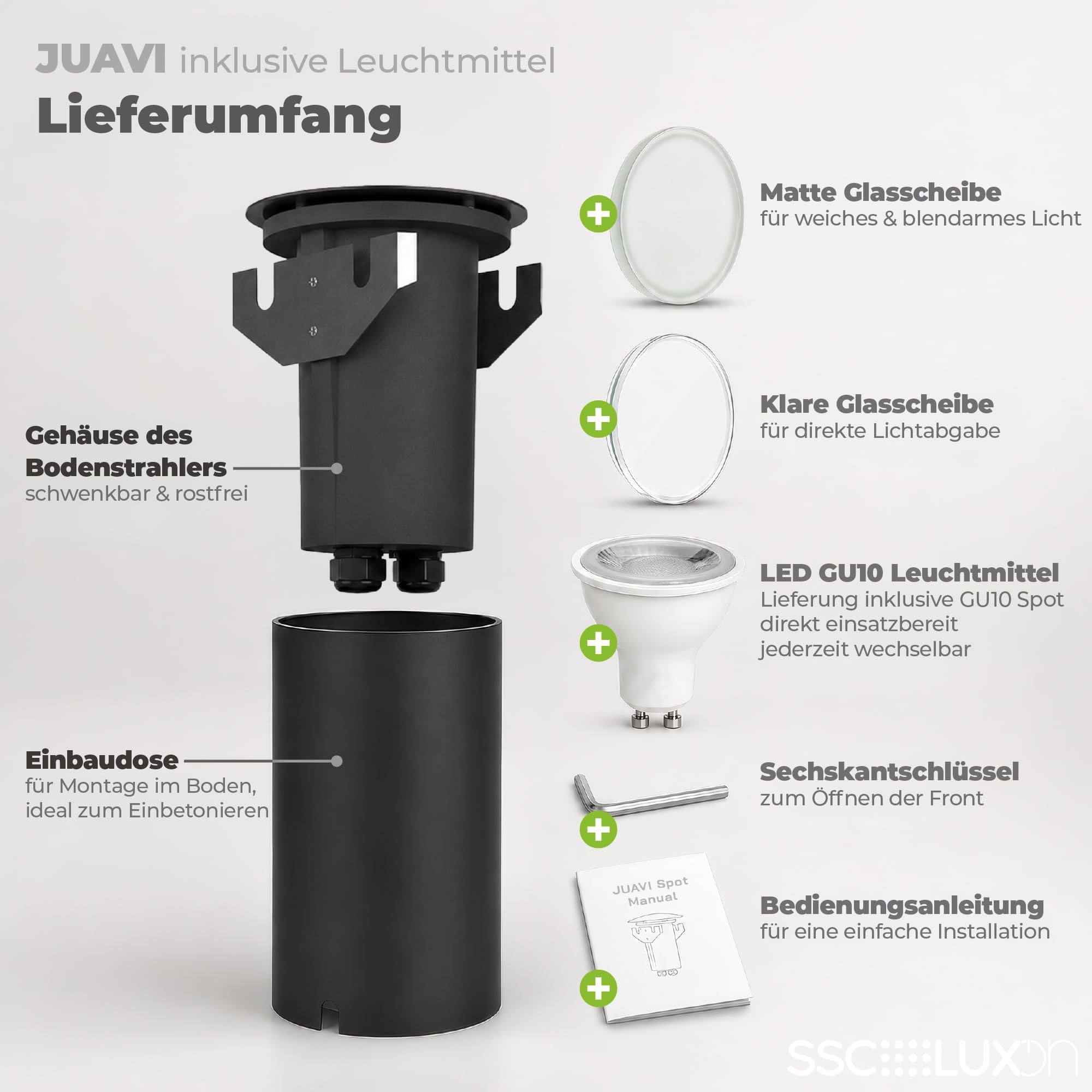 SSC-LUXon 3er Set JUAVI Bodeneinbaustrahler rund IP67 GU10 3 Lichtfarben 3W | Schwenkbare Bodenspots für Wege, Beet & Terrasse - einstellbare Lichtfarbe warm, neutral, kalt - durchschleifbar, befahrbar