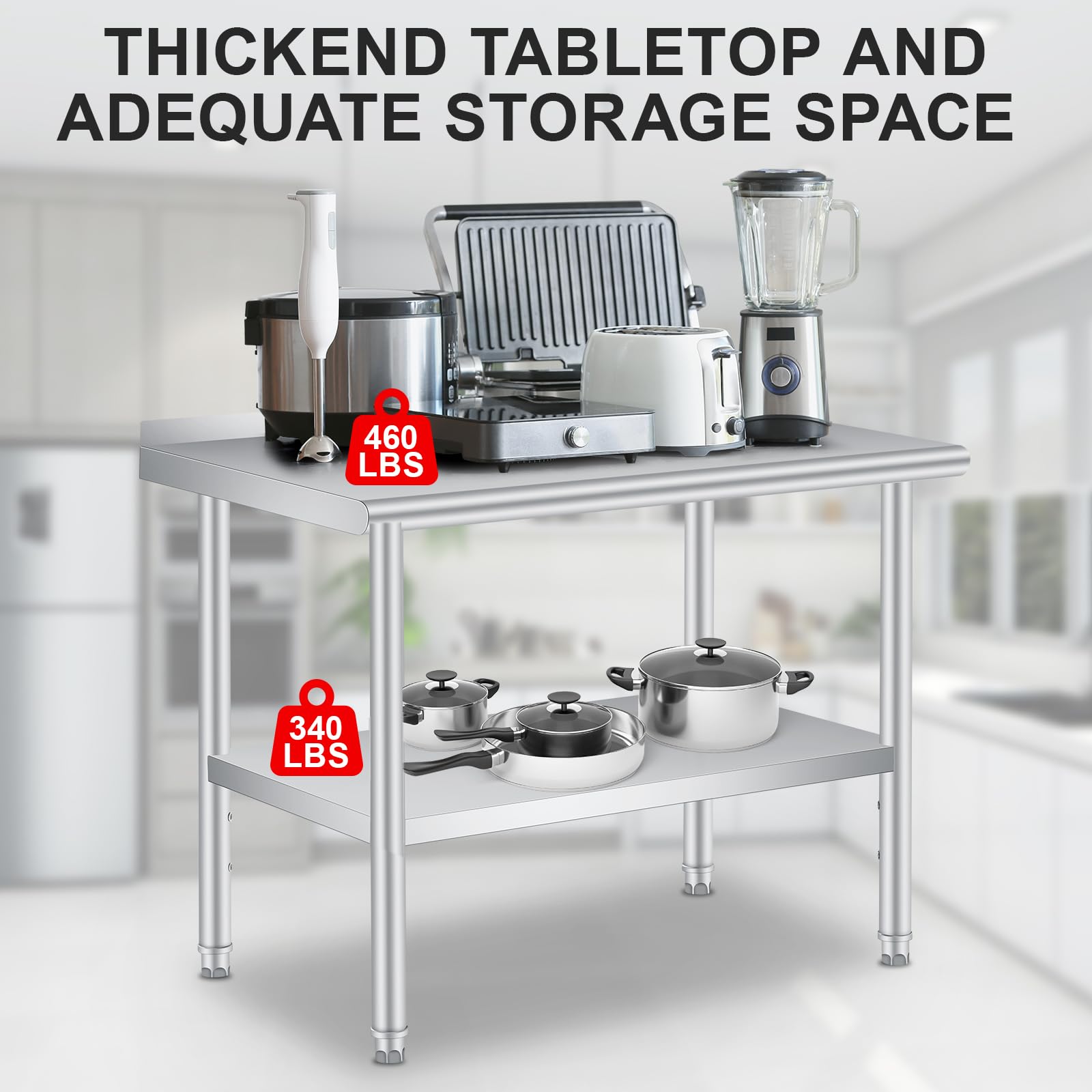 Acekool Table de travail professionnelle en acier inoxydable - Résistante, dosseret, étagère inférieure réglable - Pour cuisine de restaurant, service alimentaire, commerce ou externeérieur - Taille :