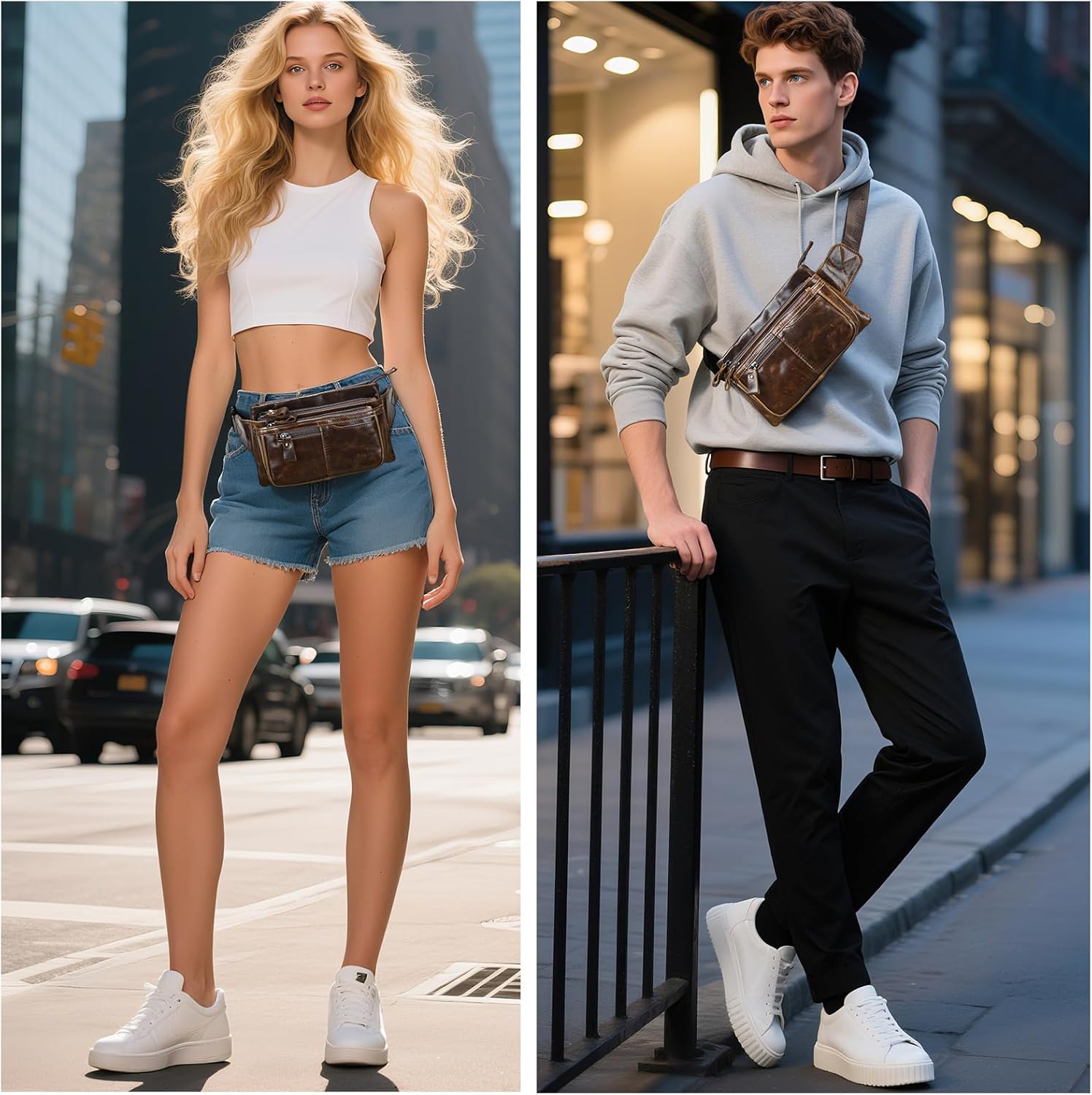 Genuine Leather Fanny Pack Crossbody sling bags zipper Waist Purse Oilcoffee - Image 2