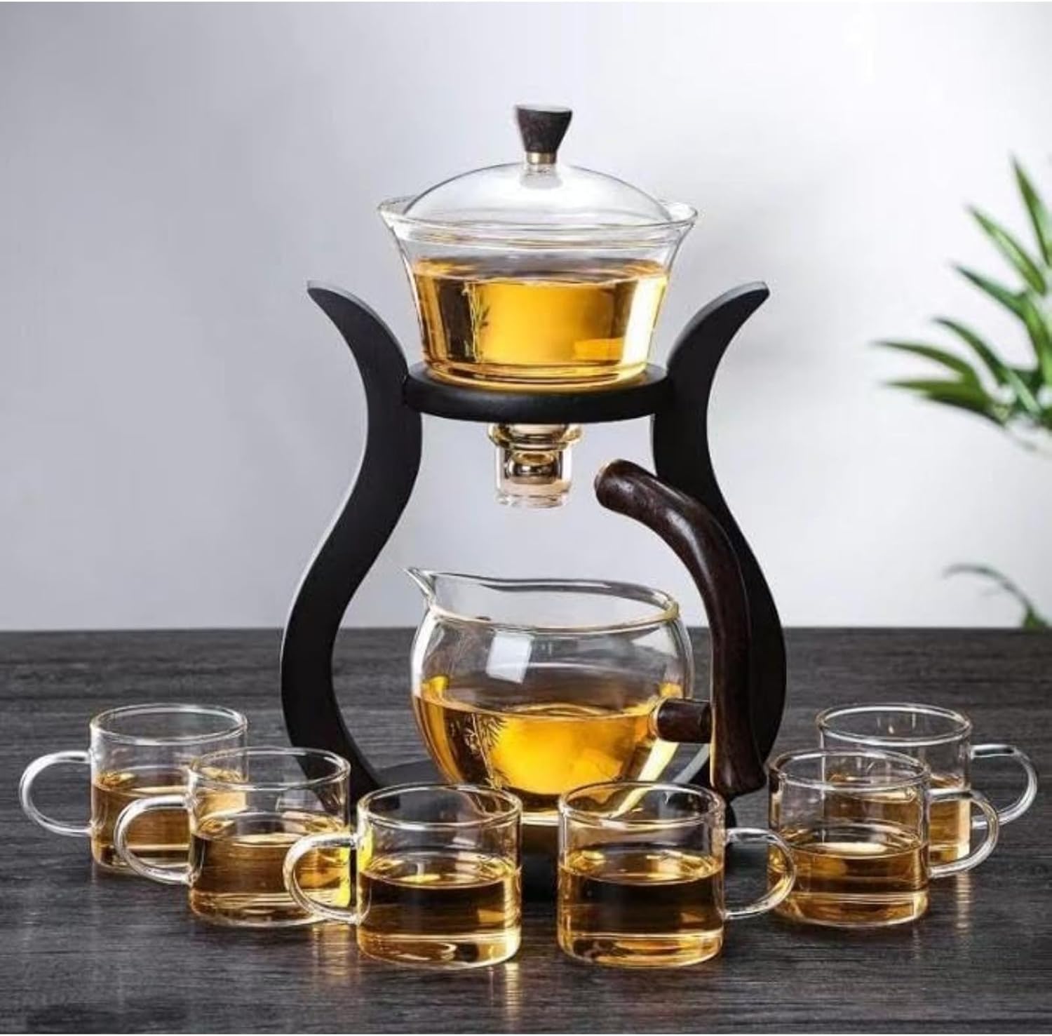 Oanawy 耐熱ガラスティーセット磁気水転用回転カバーボウル半自動ティーメーカー怠惰なティーポットカンフーティーセット (ポット+