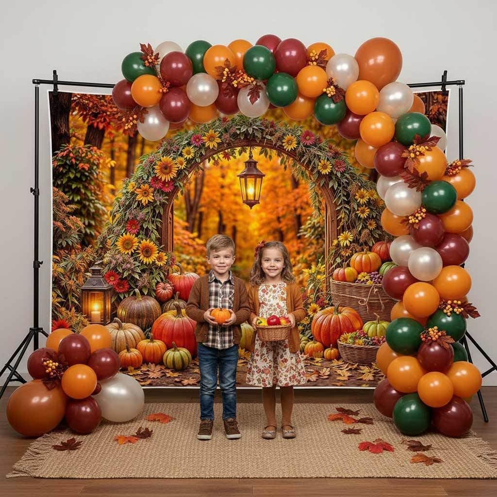Fondale fotografico autunnale per il Ringraziamento, 2,1 x 1,5 m, con zucca, raccolto e arco, con girasoli, foglie d'acero e lanterne, per servizi fotografici di famiglia, accessori per foto e