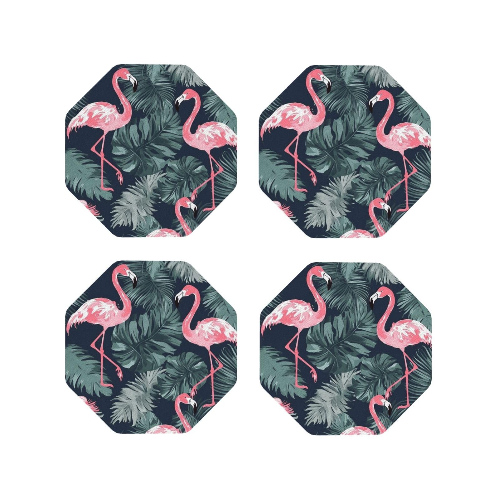 4pcs Drink Coasters for Tabletop Protection, 4" Leather Coasters for Drinks, Flamingo and Leaves Cup Coasters for Coffee Table Decor, Non-Slip Drinking Cup Mat for Hot Or Cold Drink