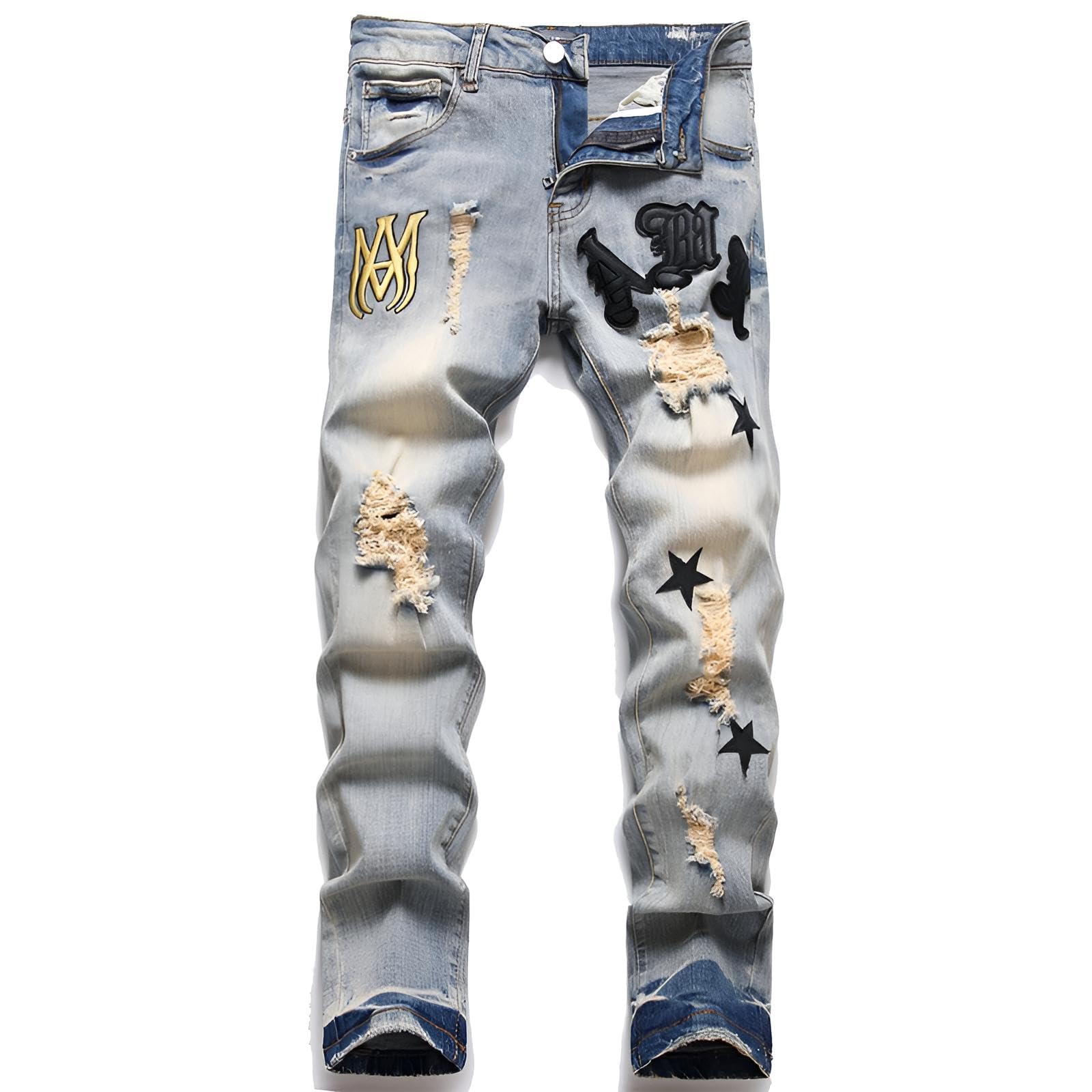 Jeans Uomo Y2K Streetwear Strappati con Ricamo Pentagramma - Slim Fit Pantaloni in Denim Stretch, Casual e Versatili