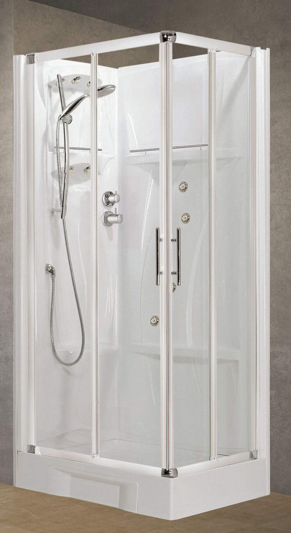 Novellini New Holiday A90 hidromasaje 90 x 90 cm cabina de ducha multifunción apertura 2 puertas correderas ángulo derecho izquierdo mezclador termostático cristal transparente perfil blanco altura
