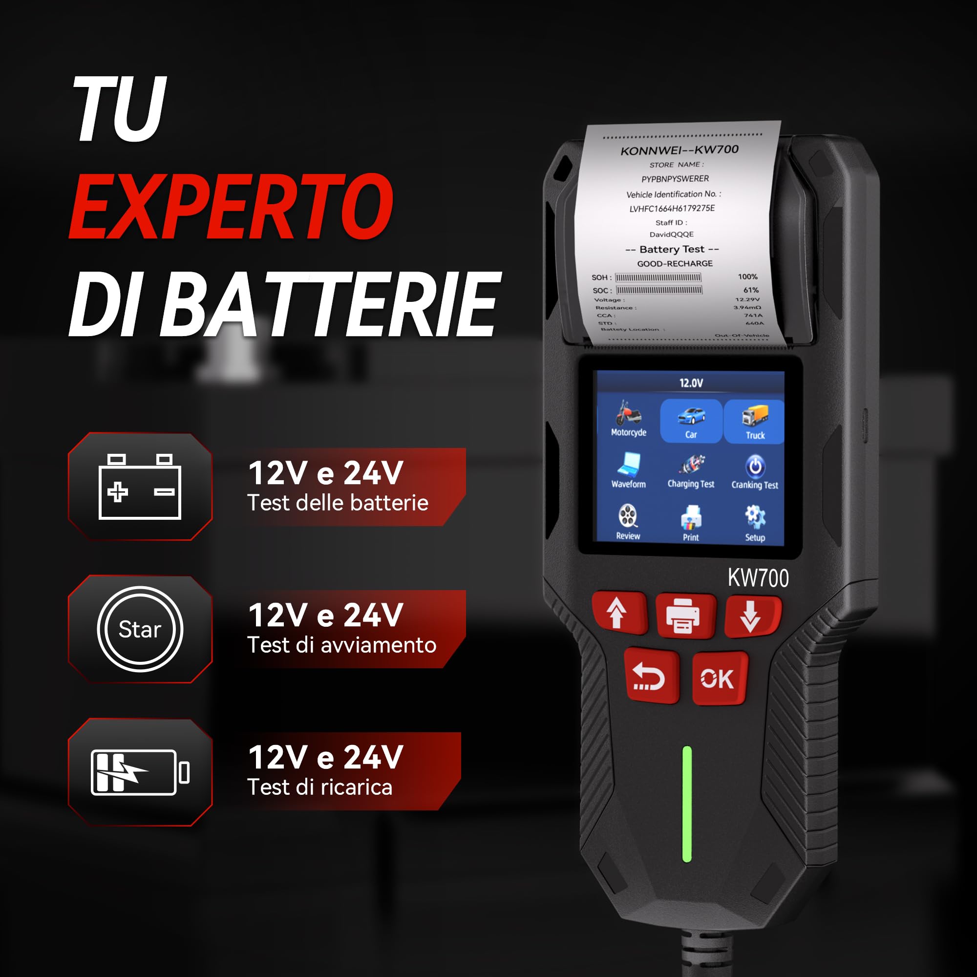 KONNWEI Tester Per Batteria Auto Con Stampante, 12v/24v, Tester Di Carico Della Batteria Automobilistica 10-2000 Cca, Test Di Avviamento E Ricarica, Tester Alternatore Per Auto, Camion(Carta Inclusa)