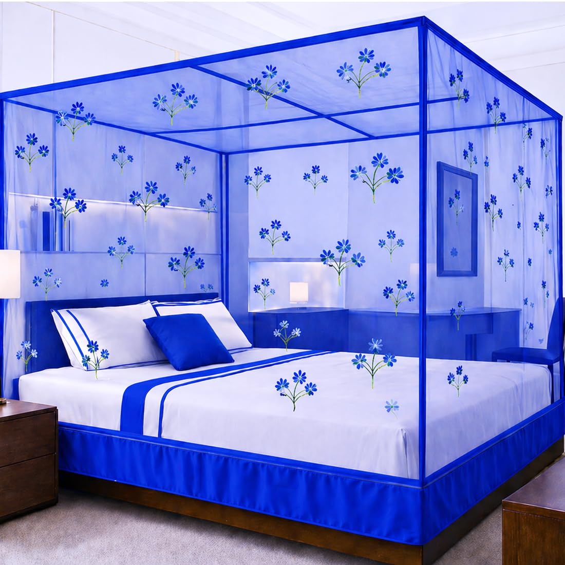 Mosquito Net Bed Double Bed with Elegant Flower Print -Decorative Coloring Cotton Tape & Designing Bottom, Durable Breathable & Washable (Light Blue, Queen Size Bed)-image-7
