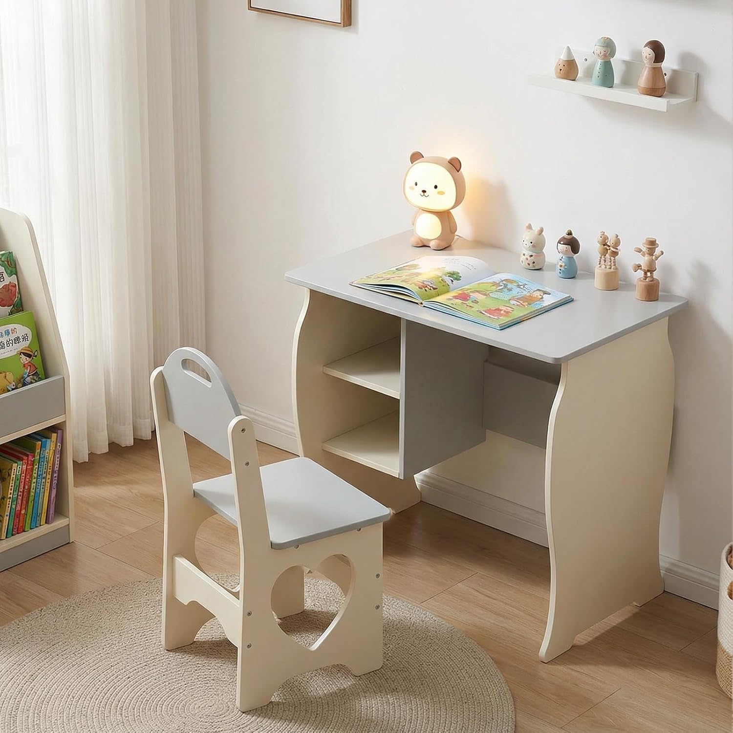 Brrnoo Kids Desk and Chair Set, White and Gray Cat Pattern Study Table with Built in Shelf and Heart Cut Chairs, Scratch Proof MDF, for Bedroom Playroom Children
