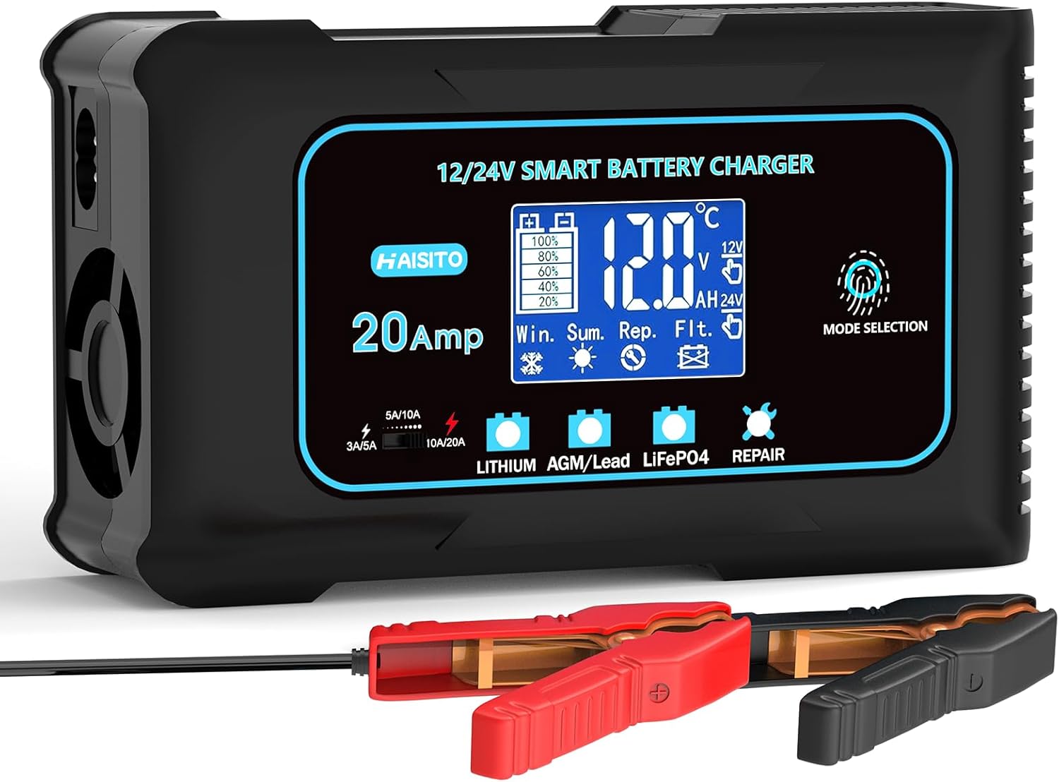 Haisito 20-Amp Smart Battery Charger (Lithium LiFePO4 & Lead-Acid), 12V/24V Rapid Automotive Car Charger with Temperature Compensation - Trickle Maintainer for Boat, Truck, RV, Lawn Mower, Marine