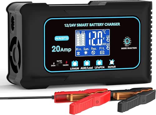 Haisito 20-Amp Smart Battery Charger (Lithium LiFePO4 & Lead-Acid), 12V/24V