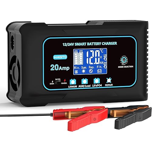 Haisito 20-Amp Smart Battery Charger (Lithium LiFePO4 & Lead-Acid), 12V/24V Rapid Automotive Car Charger with Temperature Compensation - Trickle Maintainer for Boat, Truck, RV, Lawn Mower, Marine