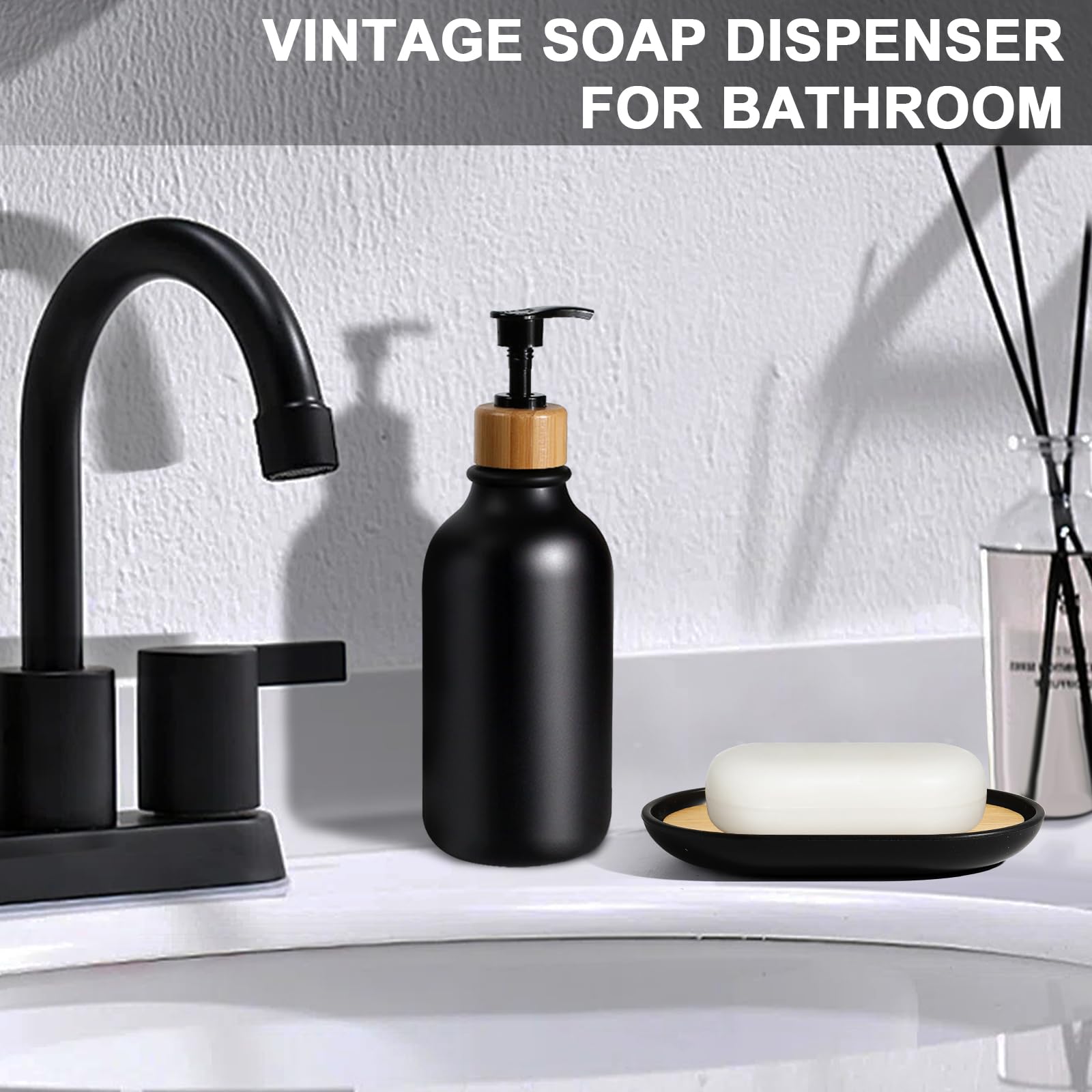 Juego de accesorios de baño negros de 5 piezas, accesorios de baño negro mate, dispensador de jabón de plástico y soporte para cepillos de dientes, jabonera, tarro de hisopo de algodón, juego de baño