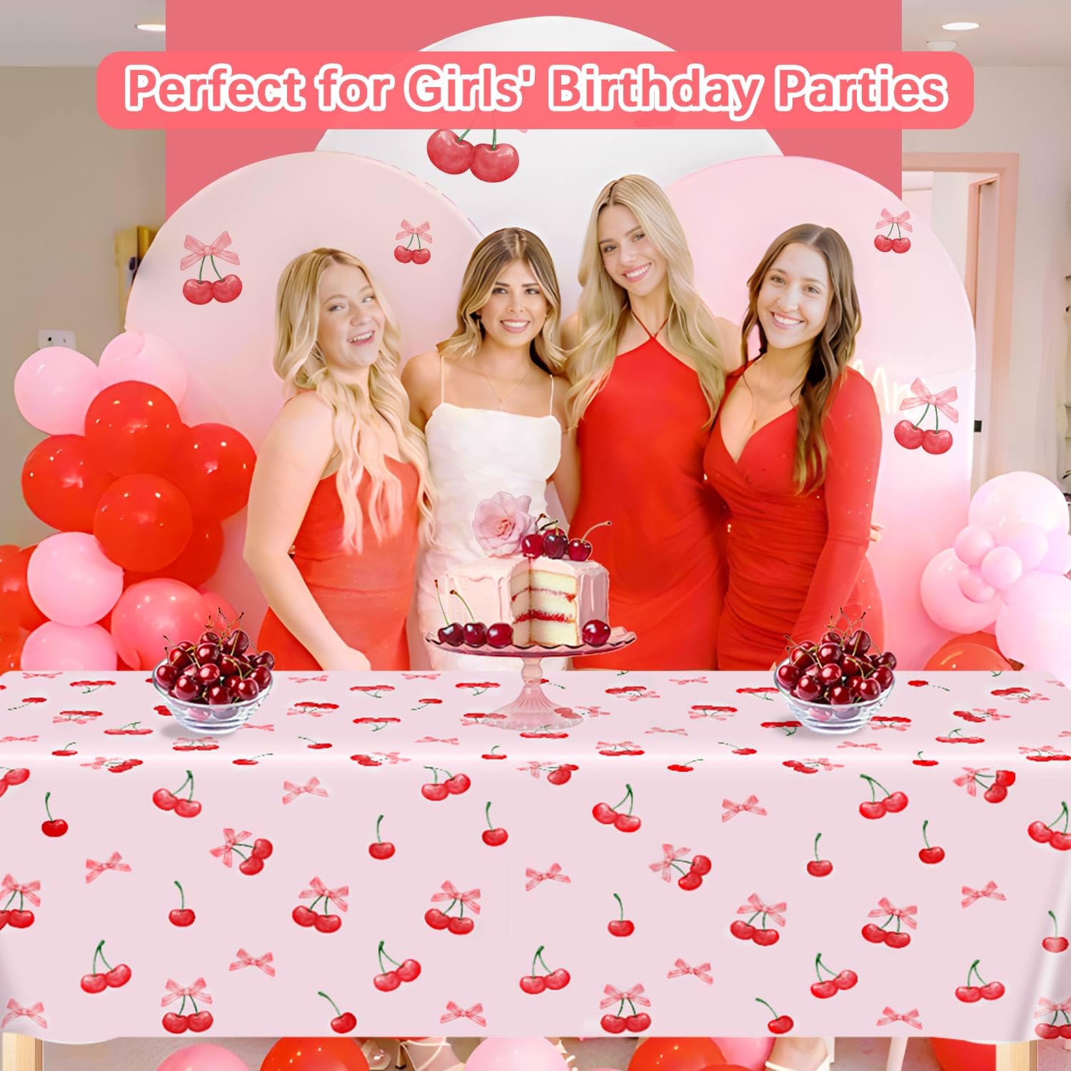 3pcs Cherry Birthday Decorations Tablecloths, Large Size Cherry and Bows Birthday Decorations Table Cloth for Cherry Themed Party, 54 x 108 Inch