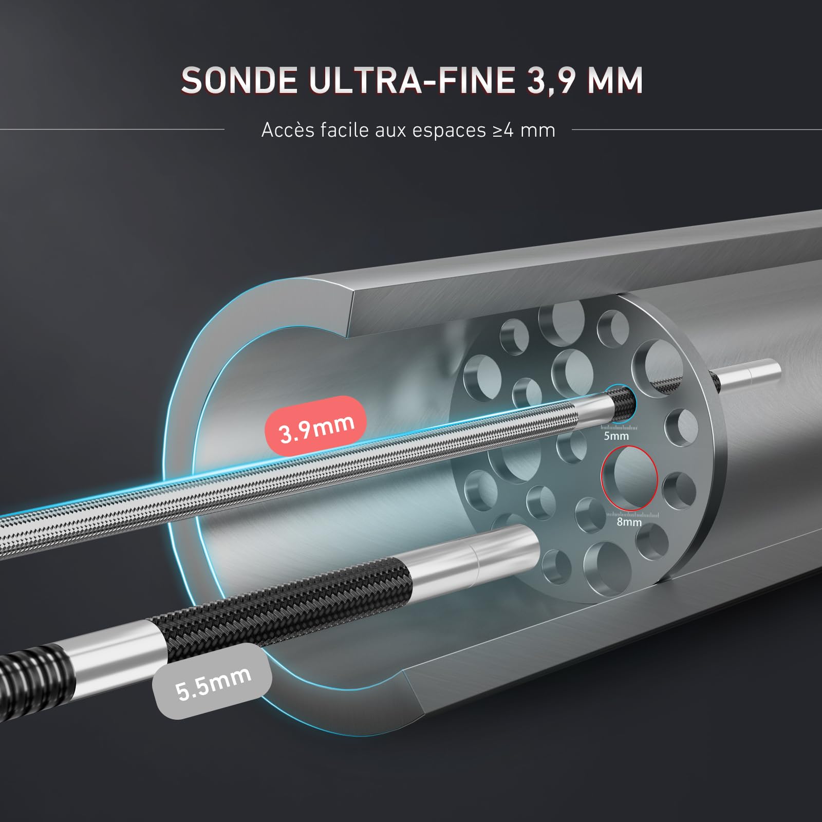 Ralcam Caméra Endoscopique avec Lumière, Tête Rotative à 210°, Sonde 3.9 mm, Écran HD 5", IP67 Étanche, Câble Serpentin en Acier INOX 1,5 m, Caméra d’Inspection pour Voiture, Tuyaux et Maison