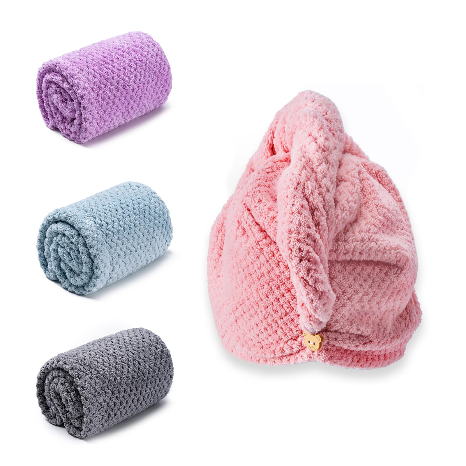 Amrules Hair Towel Wrap, 4 Packs 9.8 x 25.6 Inch Towel Turbans for Wet Hair, Dry Hair Towel, Headbands for Curly and Long Hair - Bathroom Must-Have for Ladies